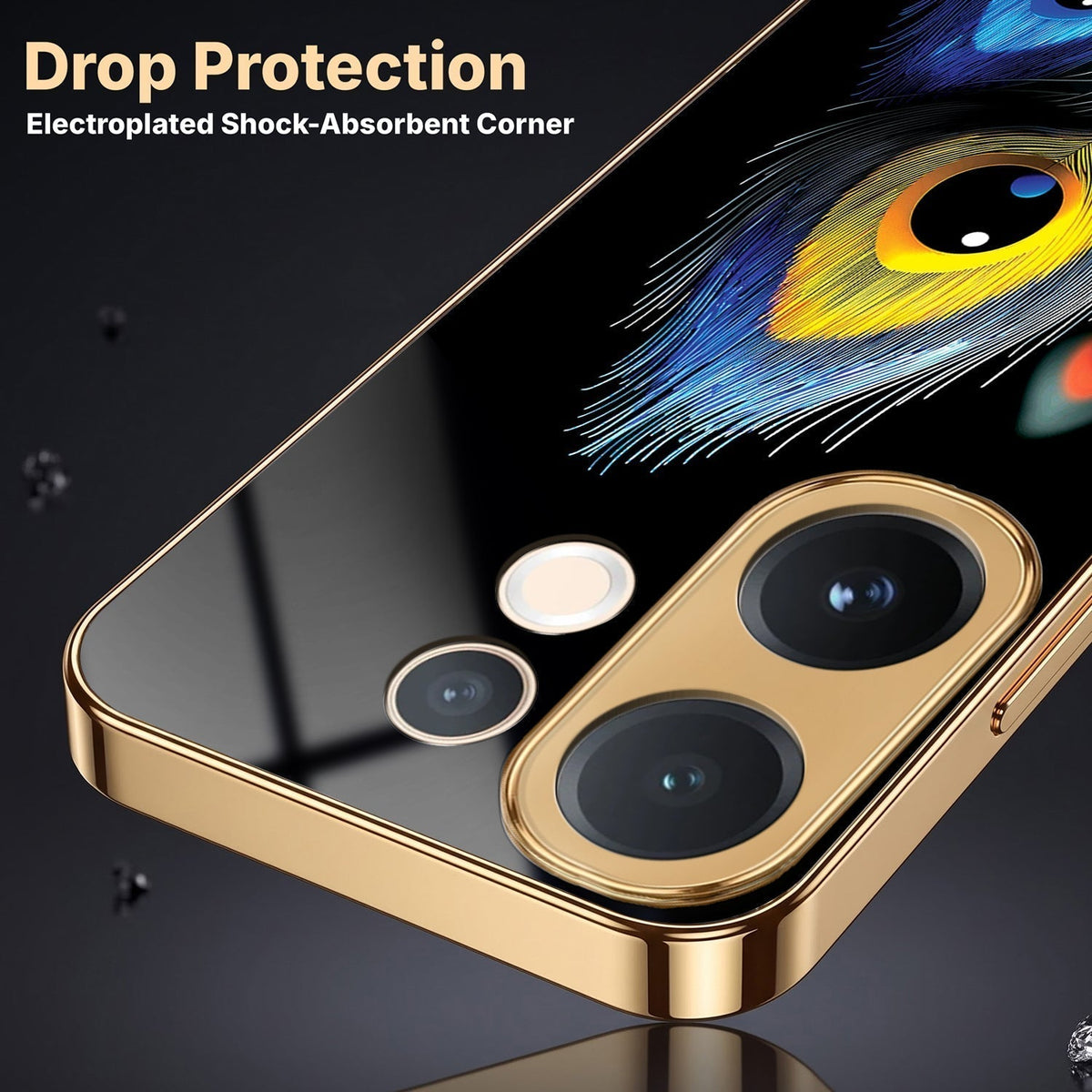 Vivo V60 5G Multi-Feather Peacock Gold Electroplated Glass Phone Back Case