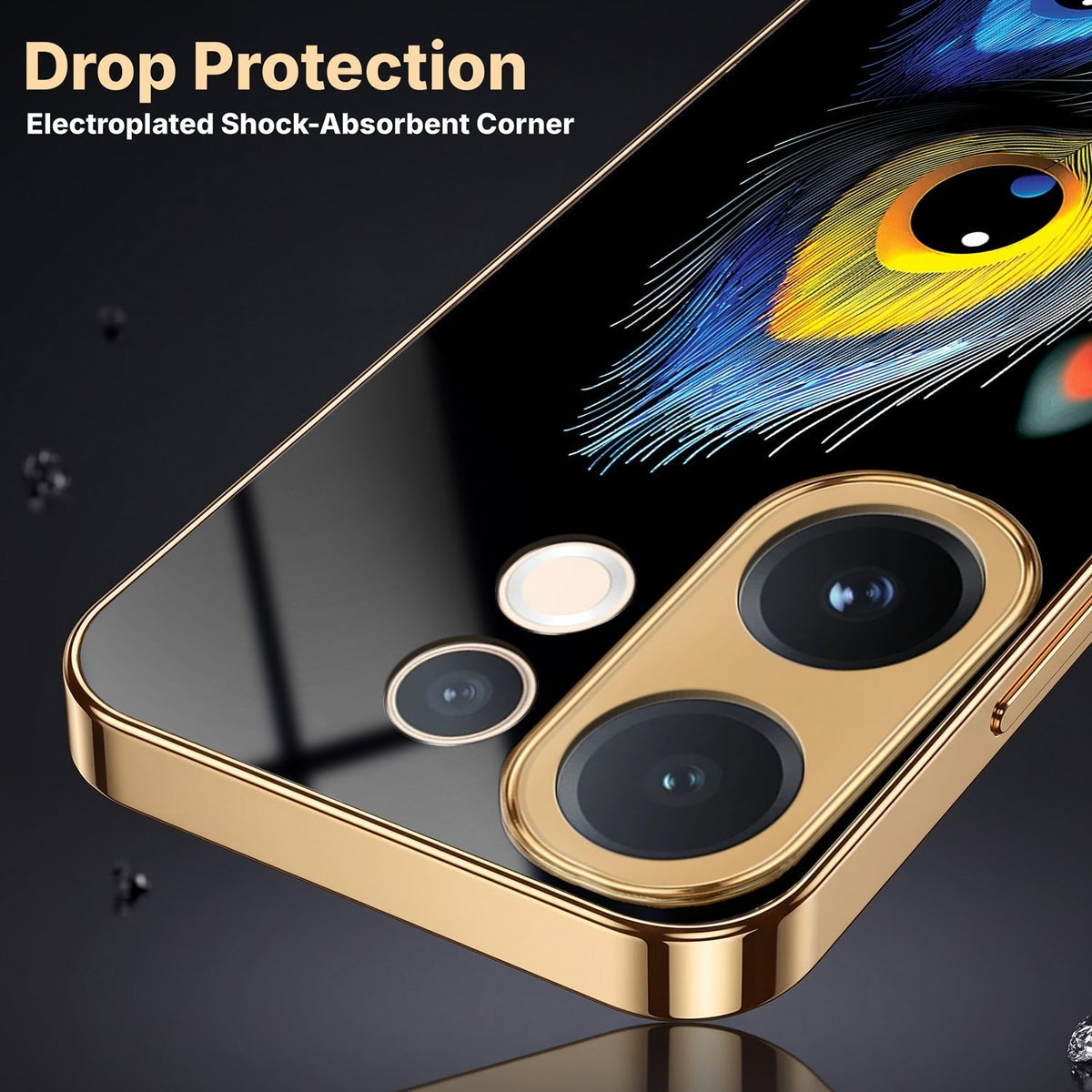 Vivo V60e 5G Multi-Feather Peacock Gold Electroplated Glass Phone Back Case