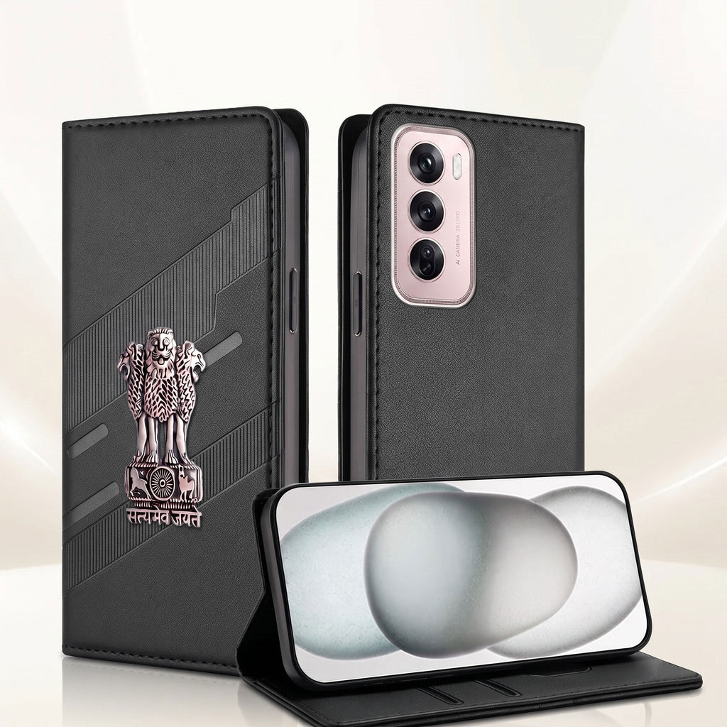 Oppo Reno 12 Pro 5G Satyamev Jayate 3D Emblem Magnetic Flip Wallet Case