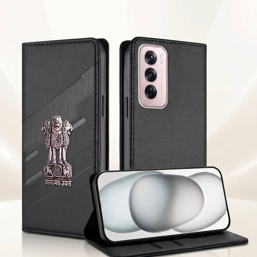 Oppo Reno 12 Pro 5G Satyamev Jayate 3D Emblem Magnetic Flip Wallet Case