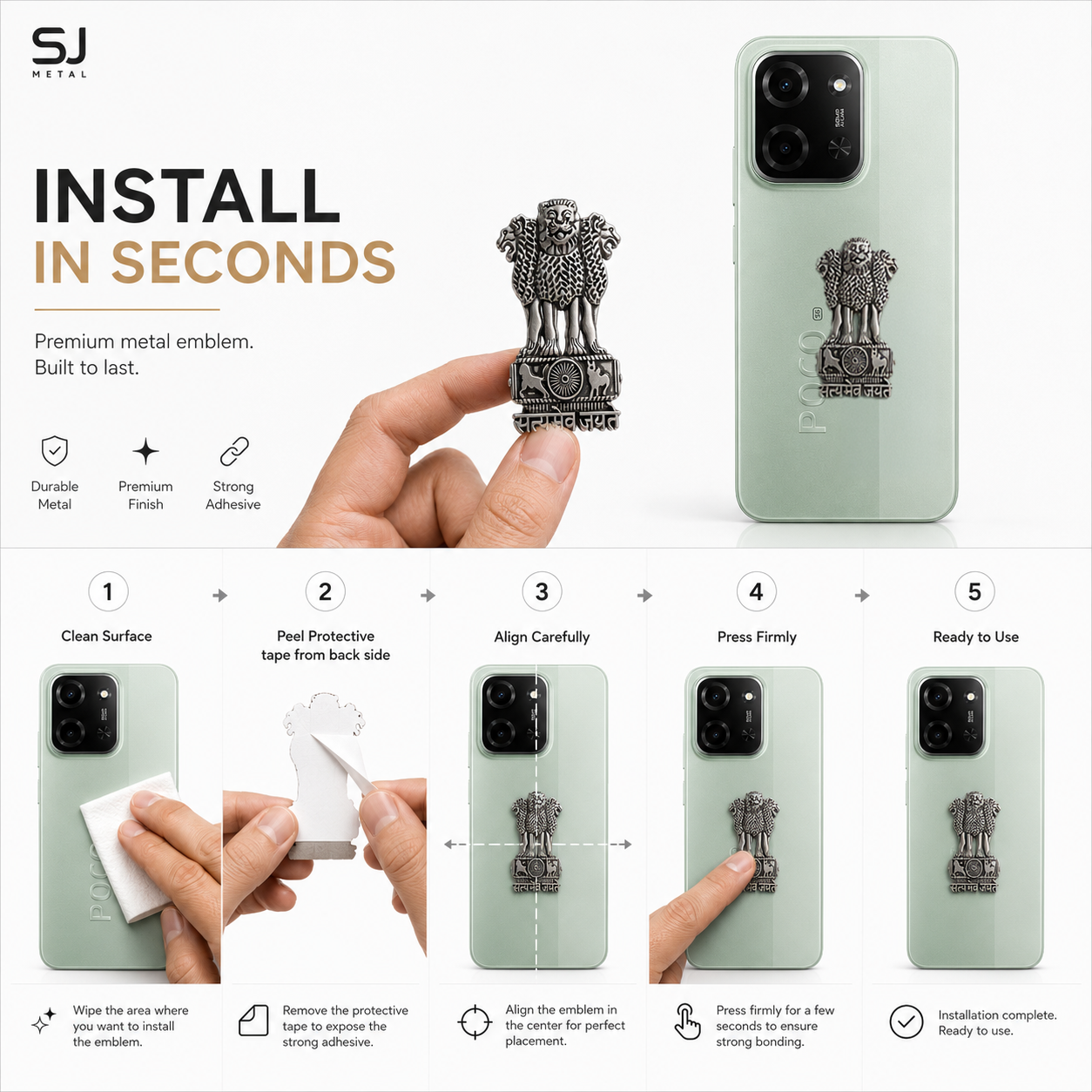 POCO C85 5G Compatible Satyamev Jayate 3D Metal Emblem Sticker