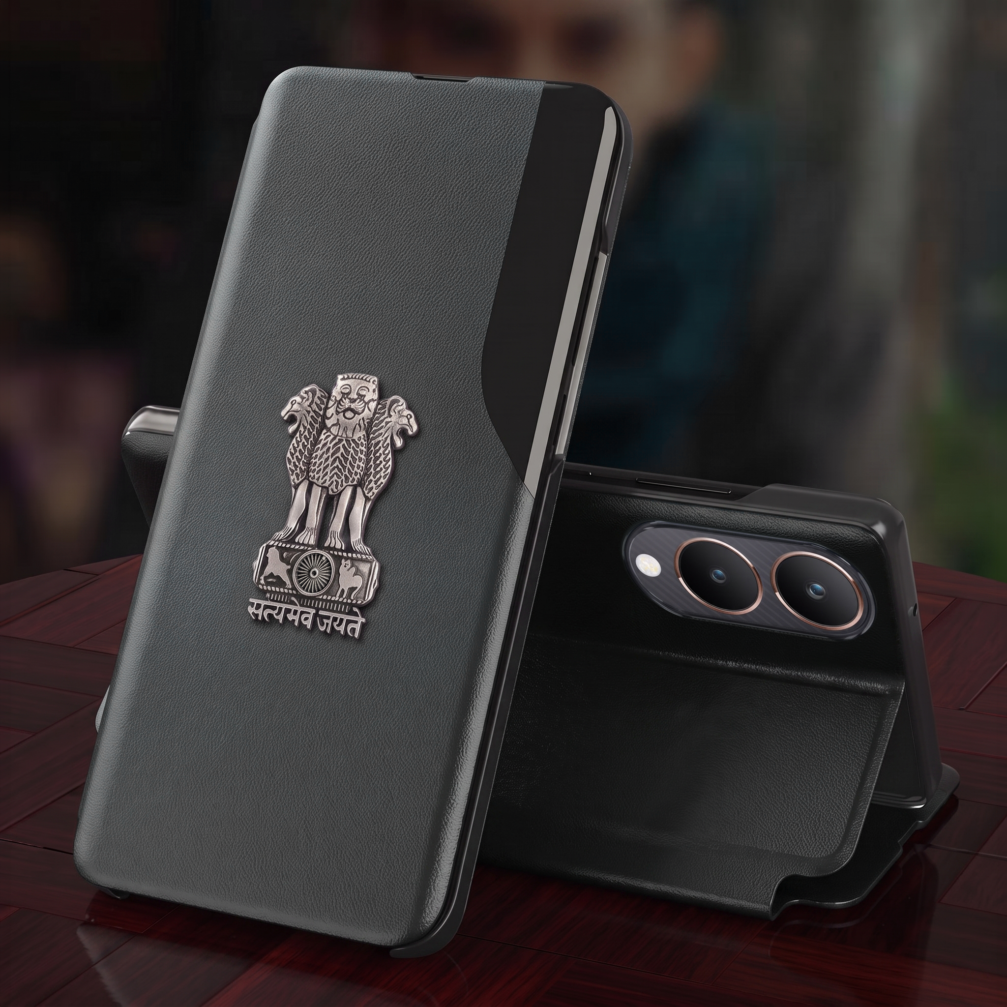 Vivo Y28 5G Metal Emblem Satyamev Jayate Half Window Leather Flip Case
