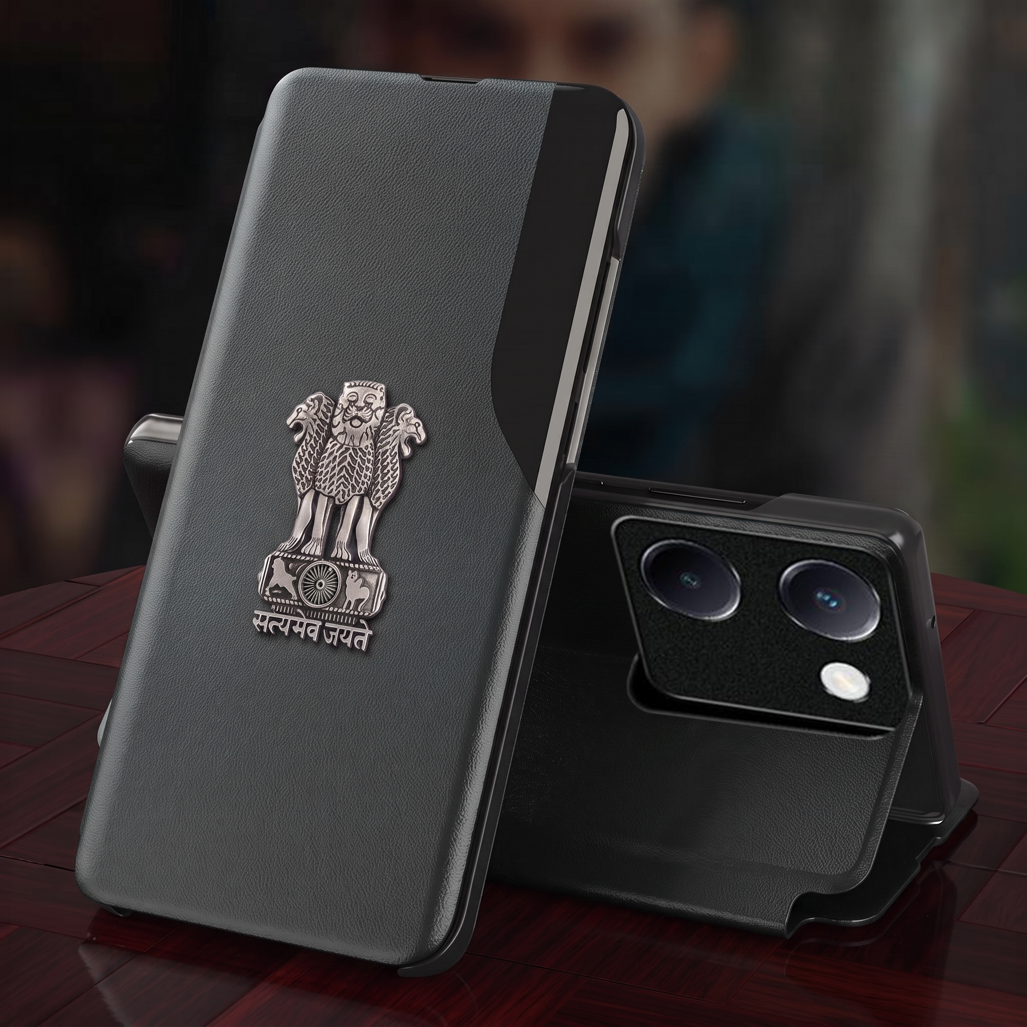 Vivo Y200 Pro 5G Metal Emblem Satyamev Jayate Half Window Leather Flip Case