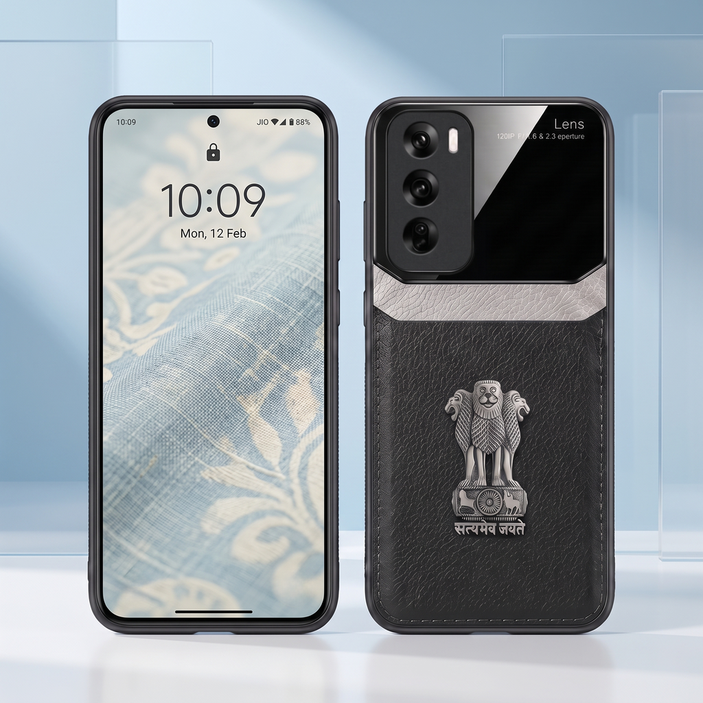 Oppo Reno 12 5G Satyamev Jayate 3D Metal Leather Back Case