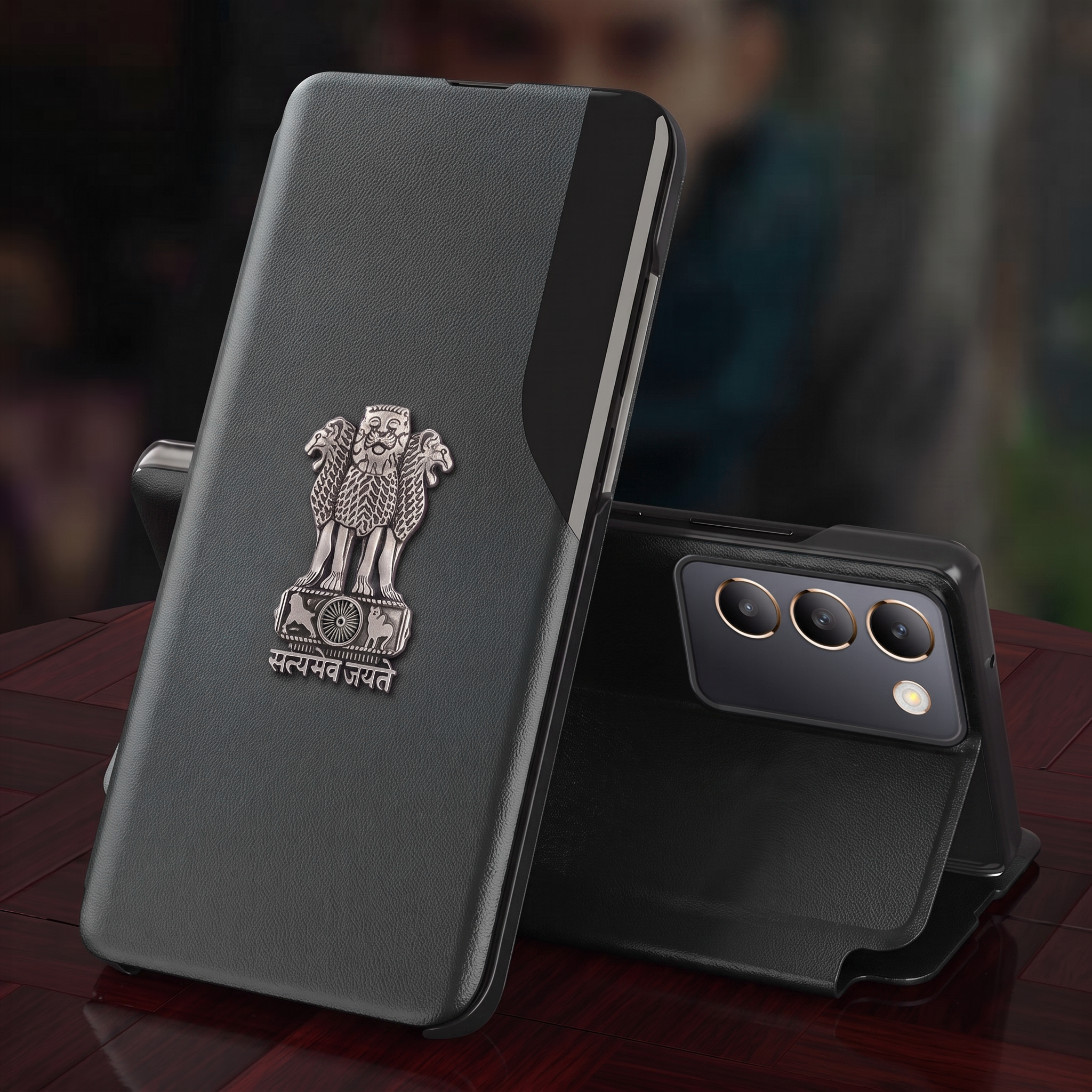 Vivo Y200e 5G Metal Emblem Satyamev Jayate Half Window Leather Flip Case