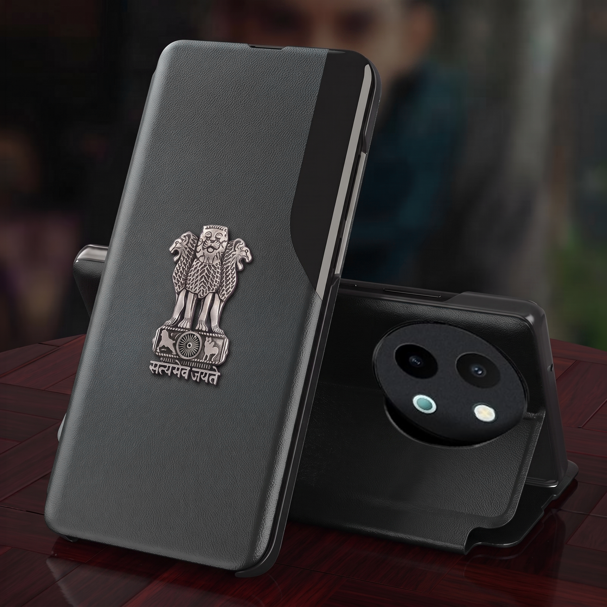 Vivo Y58 5G Metal Emblem Satyamev Jayate Half Window Leather Flip Case