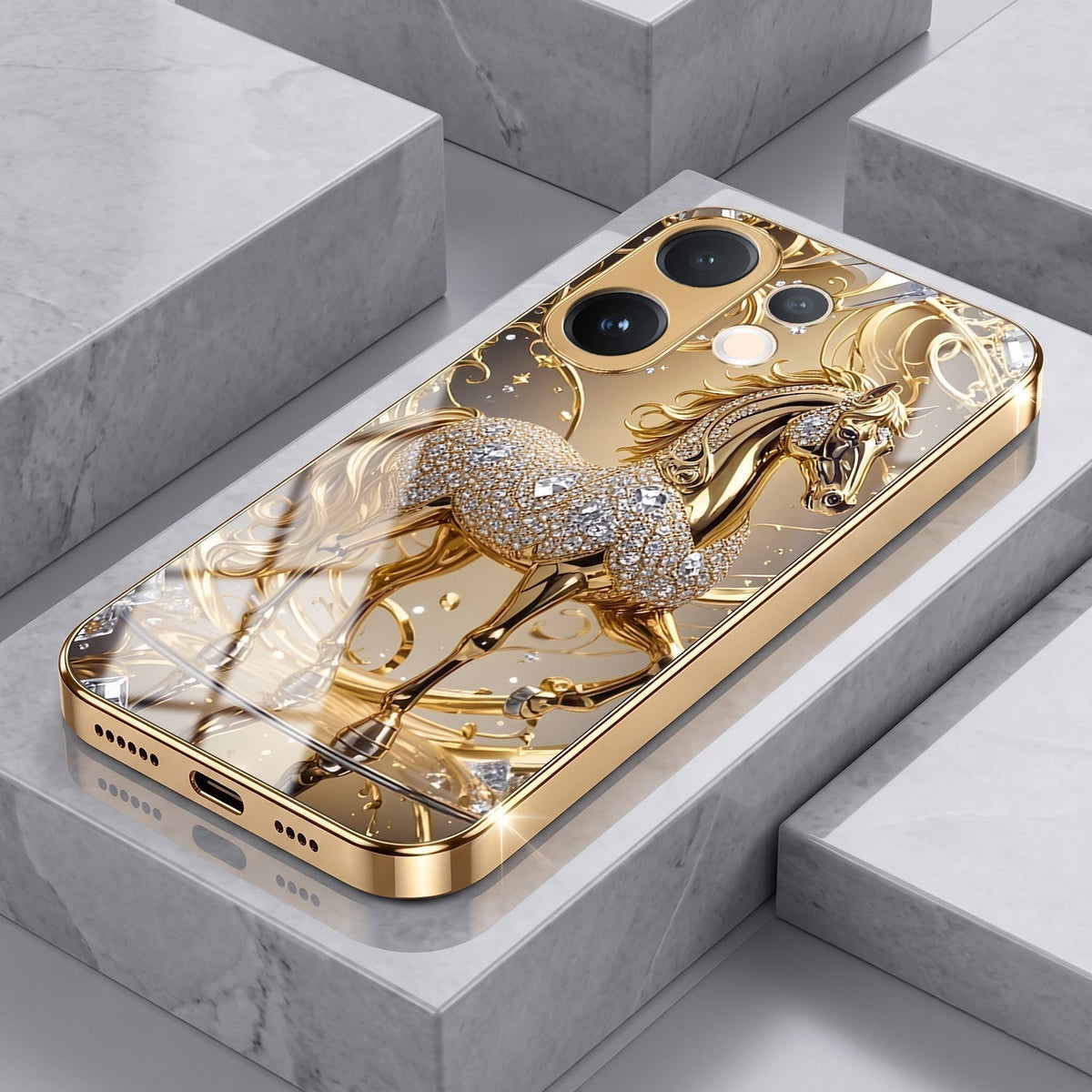 Vivo V60 5G Luxury Horse Texture Gold Electroplated Glass Phone Back Case