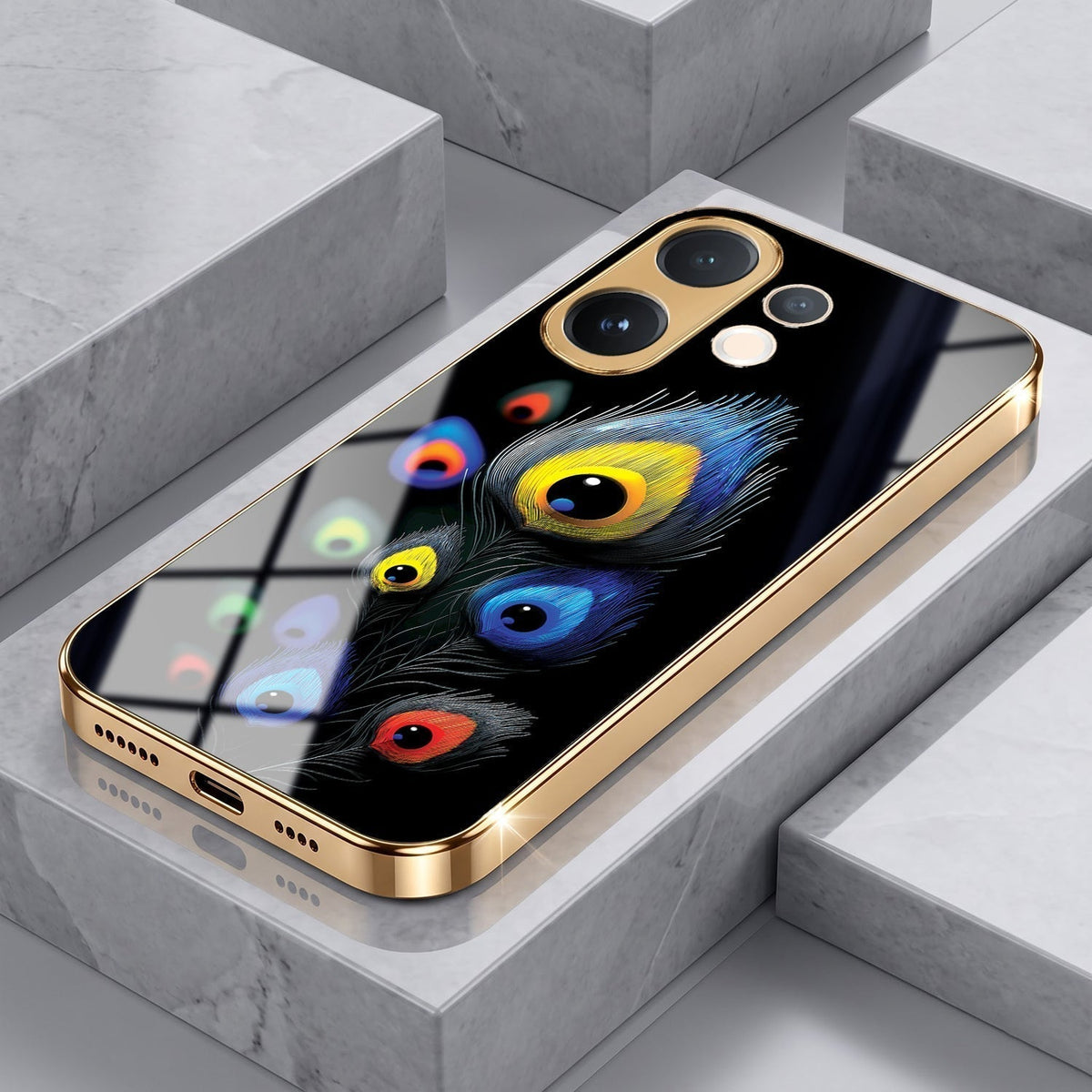 Vivo V60 5G Multi-Feather Peacock Gold Electroplated Glass Phone Back Case
