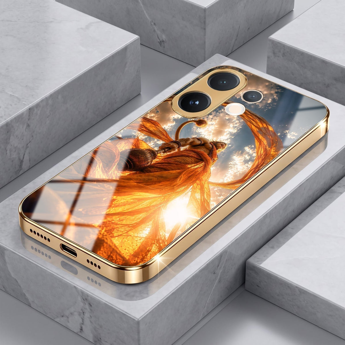 Vivo V60 5G Divine Hanuman Gold Electroplated Glass Phone Back Case