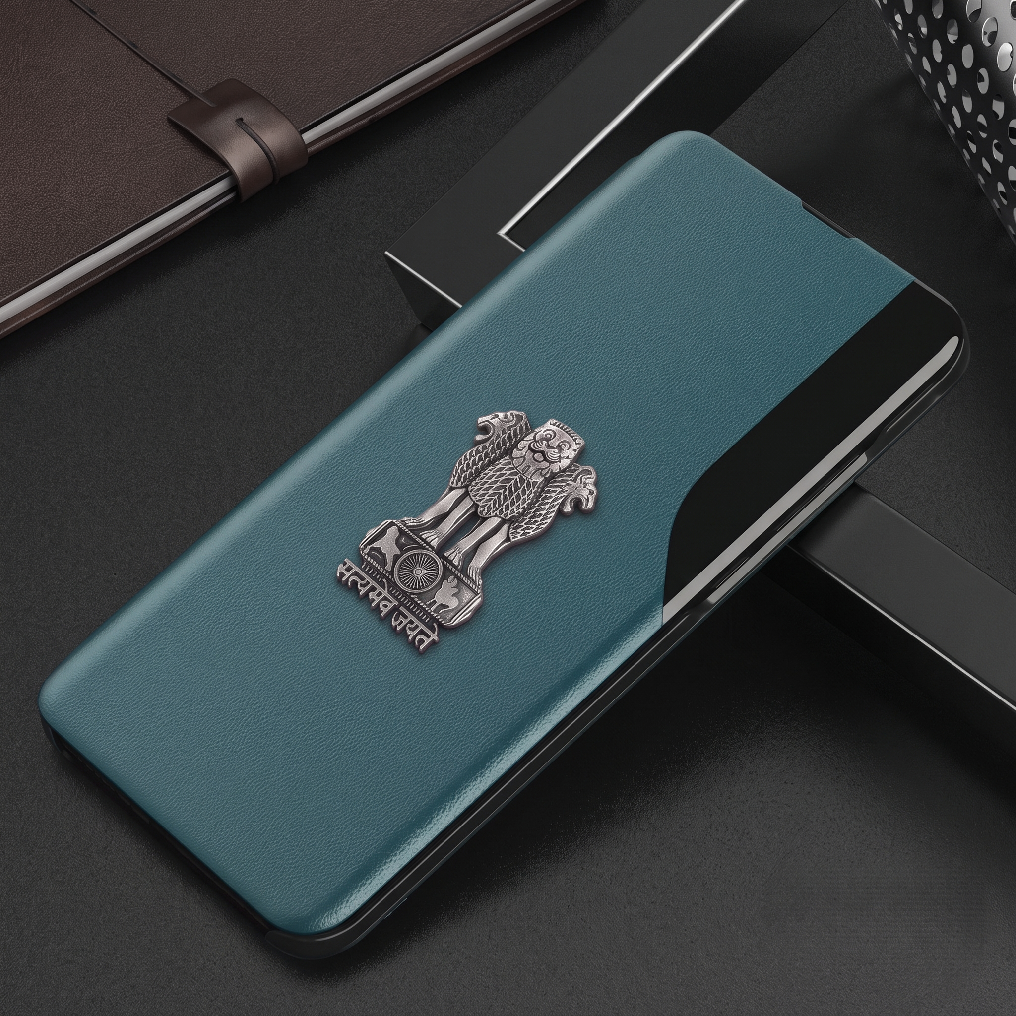 Vivo Y200 Pro 5G Metal Emblem Satyamev Jayate Half Window Leather Flip Case