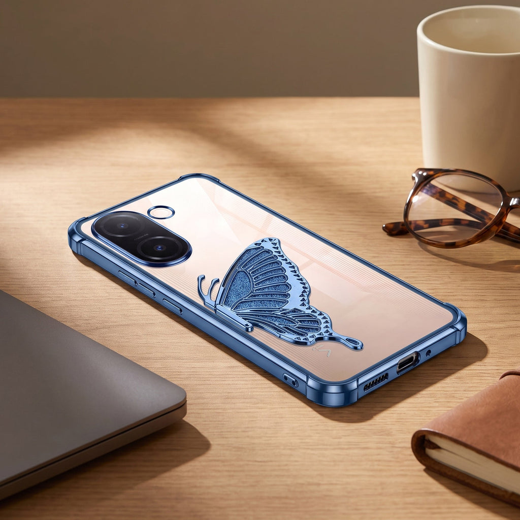 Vivo V60e 5G Premium Butterfly Glitter Stand Transparent Shockproof Airbag Phone Case