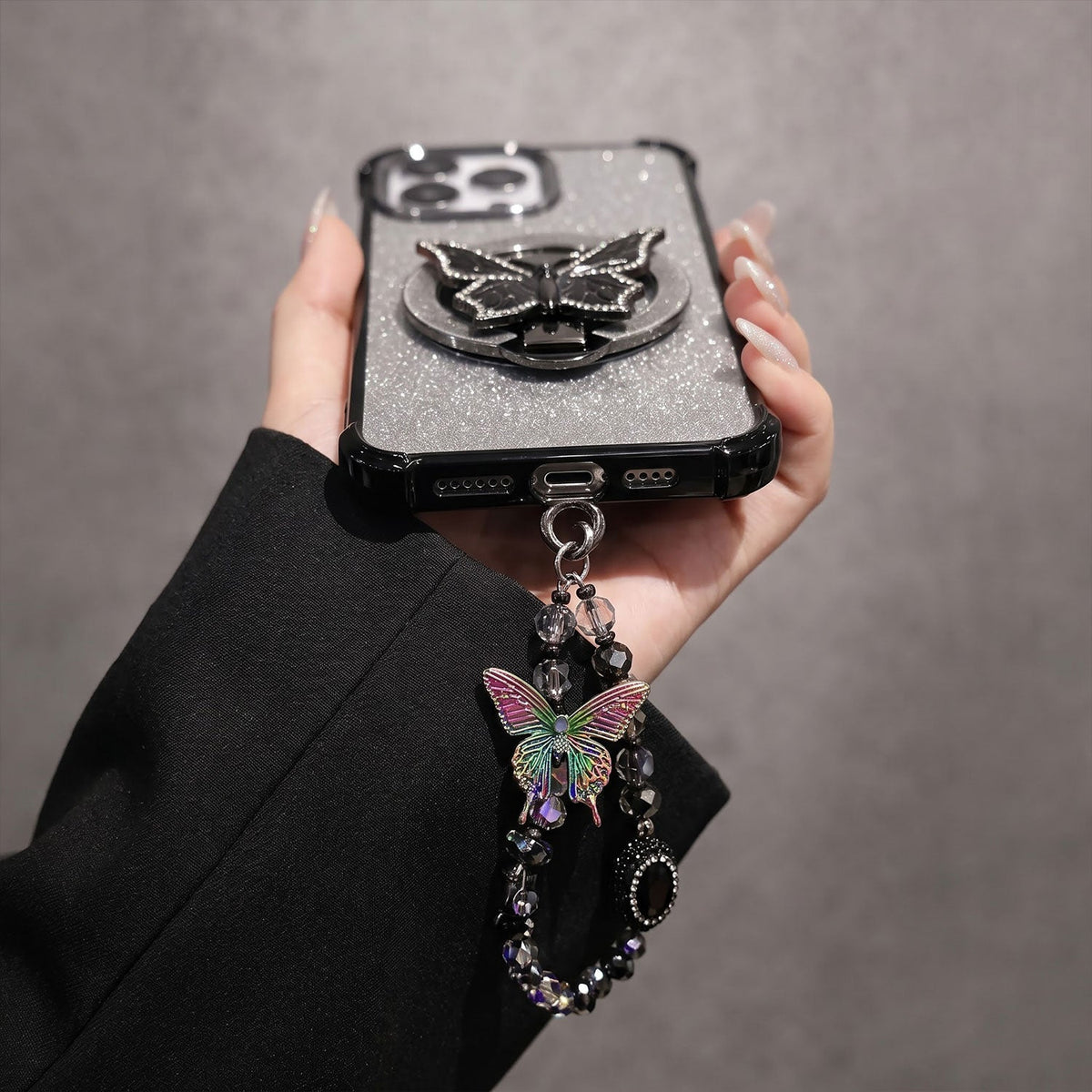 Oppo Reno 14 5G Luxury Shimmer Airbag Butterfly Stand Case with Charm Strap