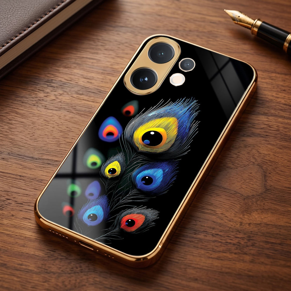 Vivo V60e 5G Multi-Feather Peacock Gold Electroplated Glass Phone Back Case