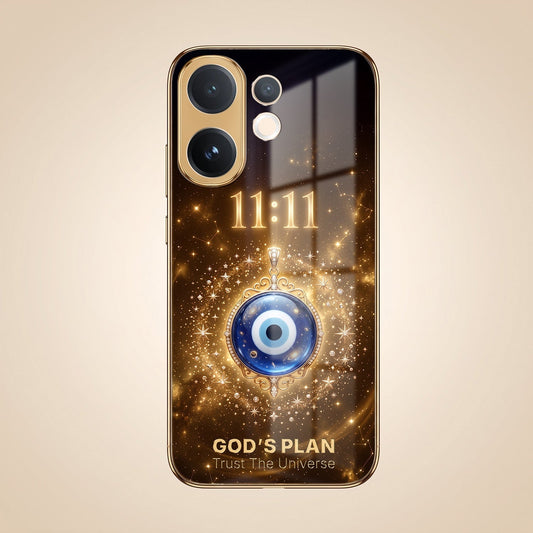 Vivo V60e 5G God’s Plan Evil Eye Gold Electroplated Glass Phone Back Case