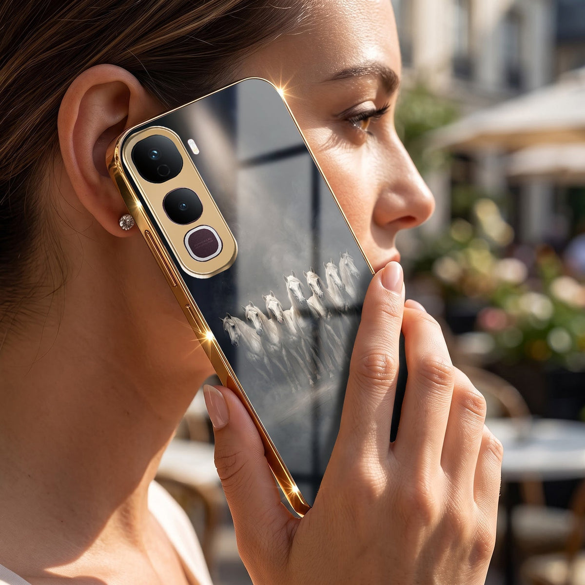 Vivo Y400 Pro 5G Running Horses Gold Electroplated Glass Phone Back Case