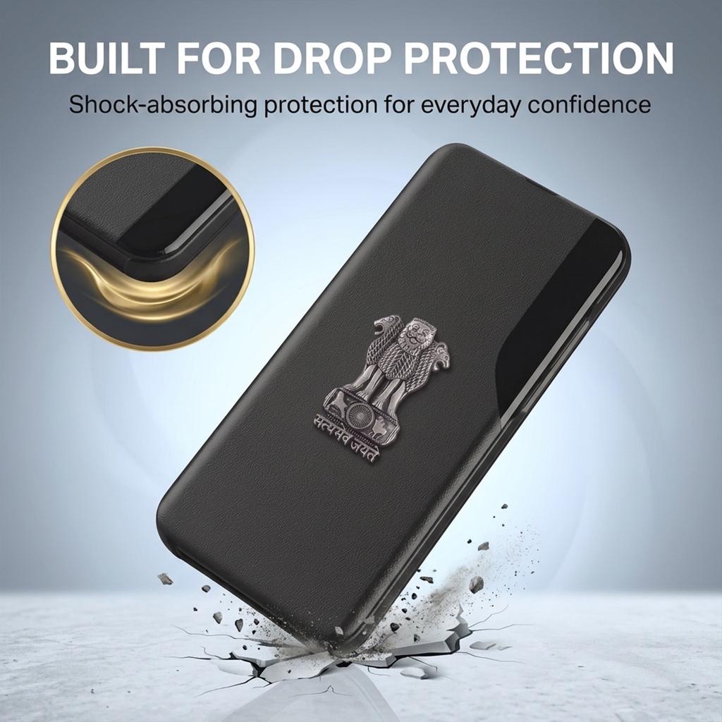 Oppo A3 Pro 5G Metal Emblem Satyamev Jayate Half Window Leather Flip Case