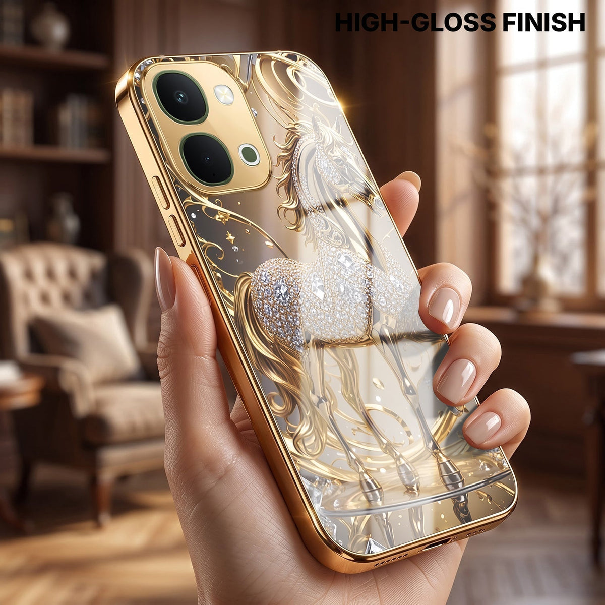 Vivo Y51 Pro 5G Luxury Horse Texture Gold Electroplated Glass Phone Back Case