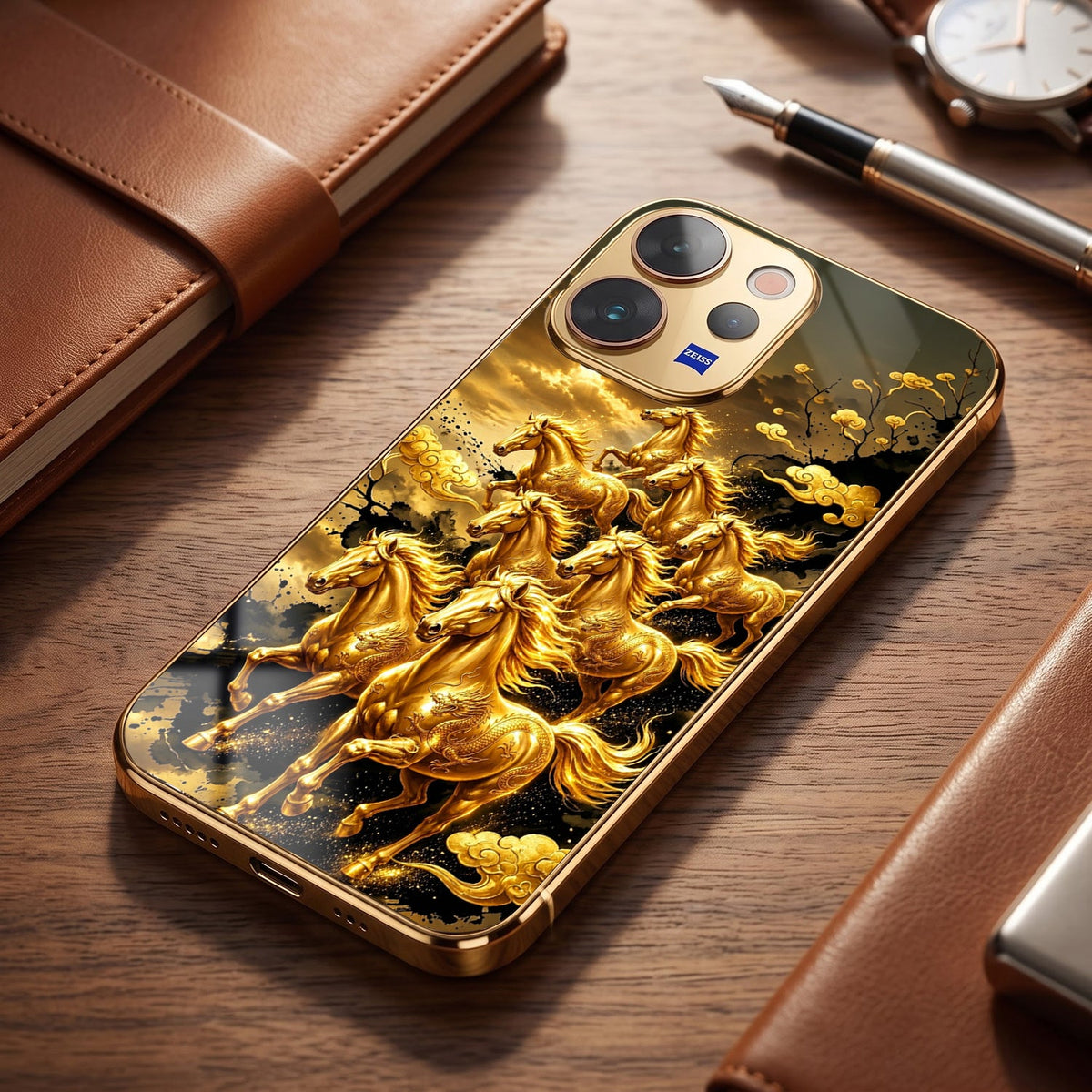 Vivo V70 5G Horses Royal Glory Gold Electroplated Glass Phone Back Case