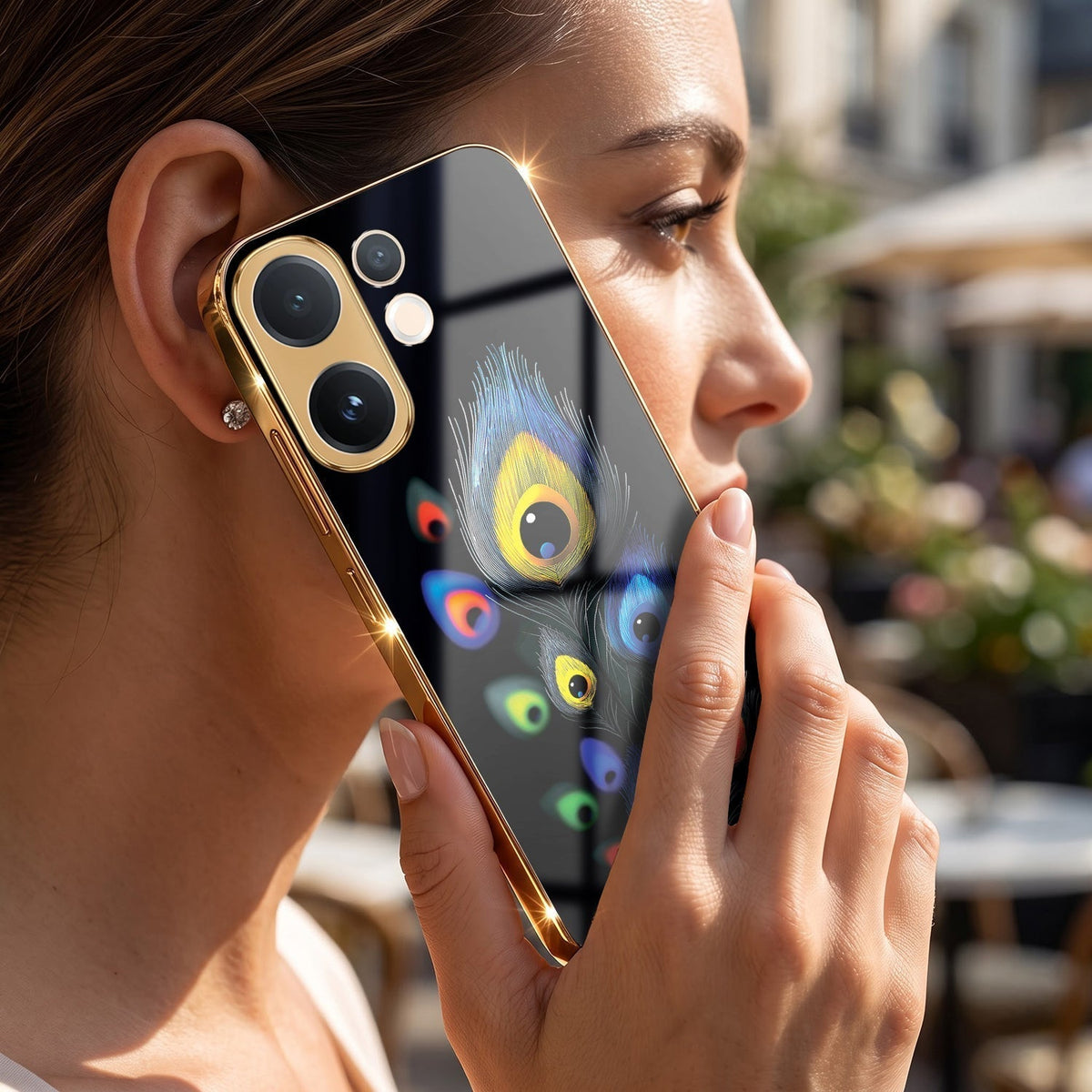 Vivo V60 5G Multi-Feather Peacock Gold Electroplated Glass Phone Back Case