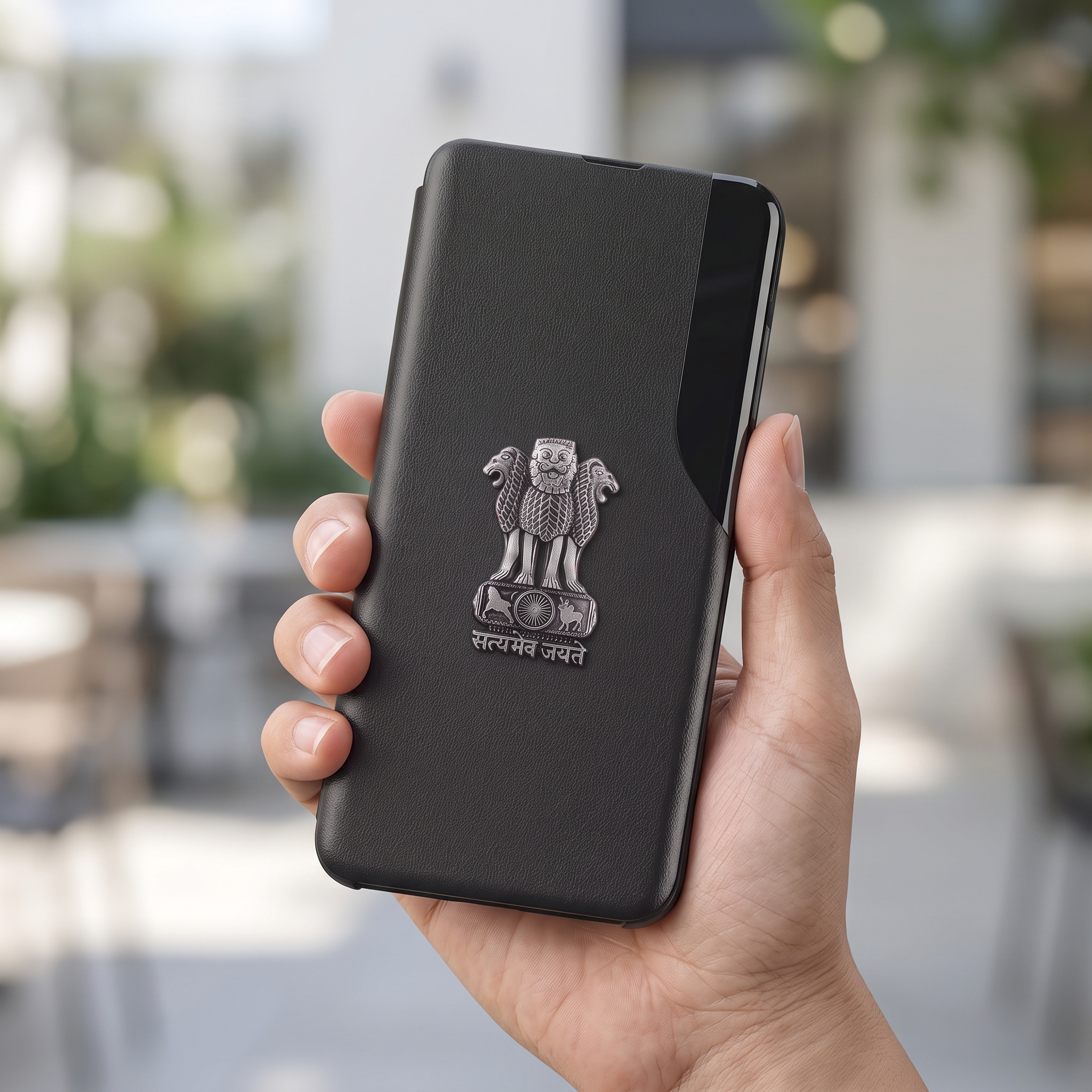 Oppo A3 Pro 5G Metal Emblem Satyamev Jayate Half Window Leather Flip Case