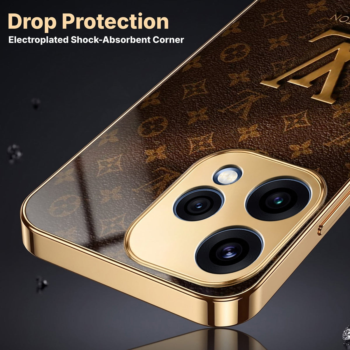 Oppo Reno 15 5G LV Brown Monogram Gold Electroplated Glass Phone Back Case