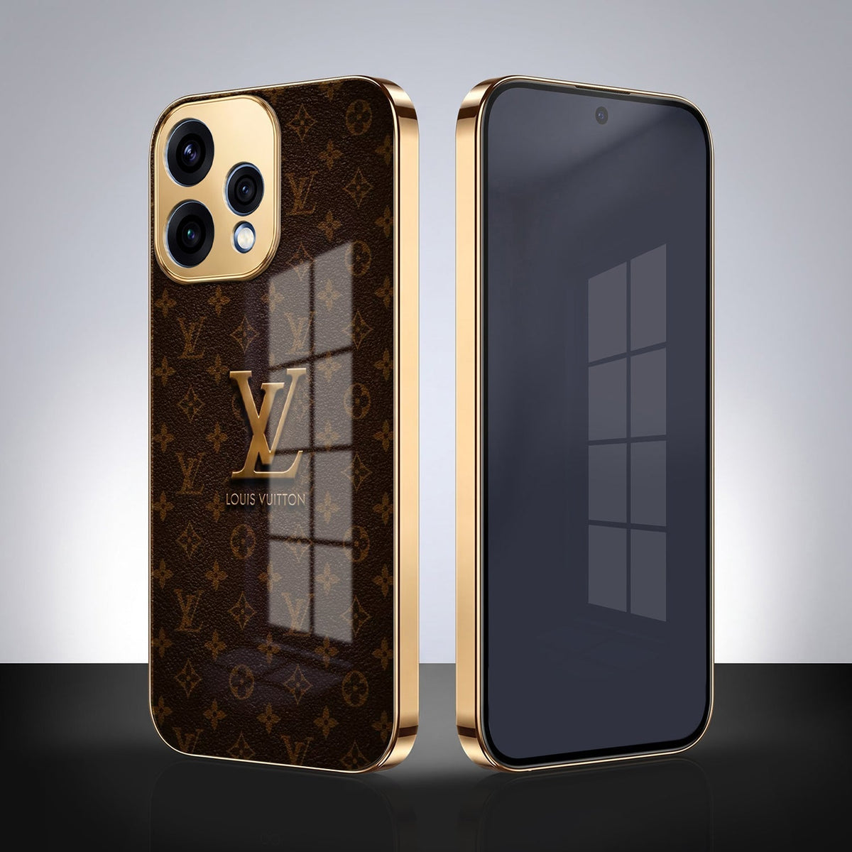 Oppo Reno 15 5G LV Brown Monogram Gold Electroplated Glass Phone Back Case