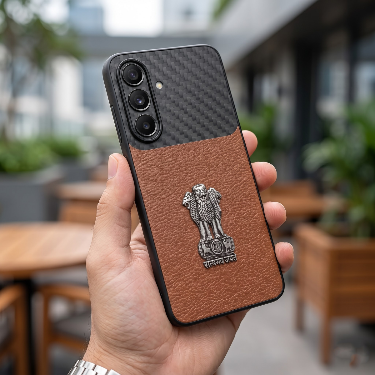 Samsung Galaxy A27 5G Satyamev Jayate Carbon Fiber Leather Hybrid Phone Case