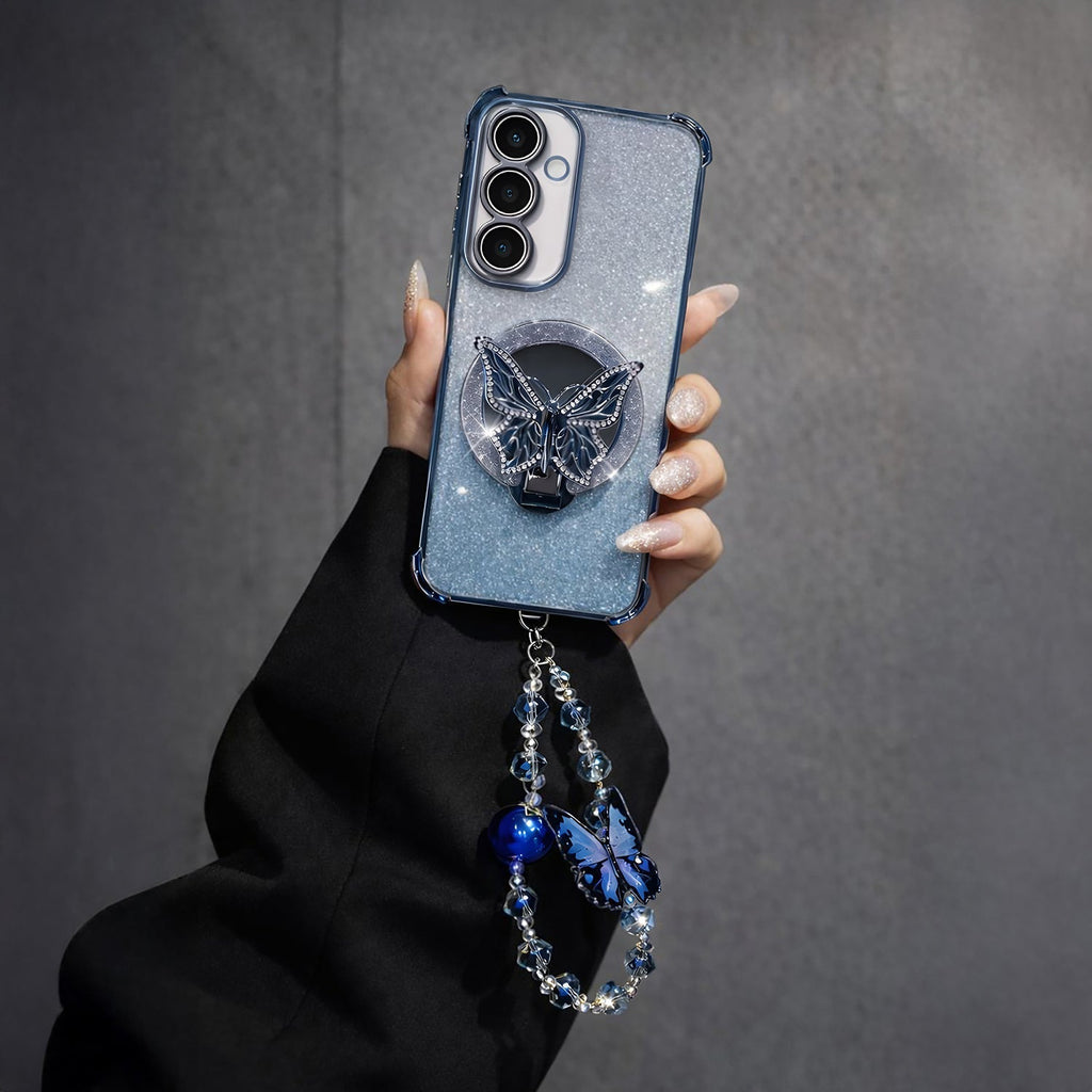 Samsung Galaxy A56 5G Shockproof Shimmer Butterfly Stand Case with Charm Strap