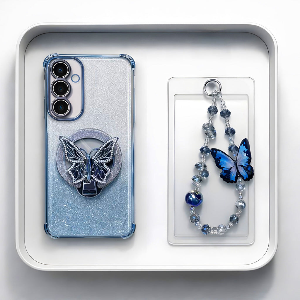 Samsung Galaxy A36 5G Shockproof Shimmer Butterfly Stand Case with Charm Strap