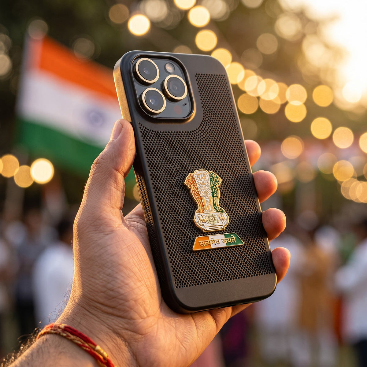 iPhone 16 Pro 5G Tri-Color Satyamev Jayate Mesh Electroplated Heat Dissipation Case