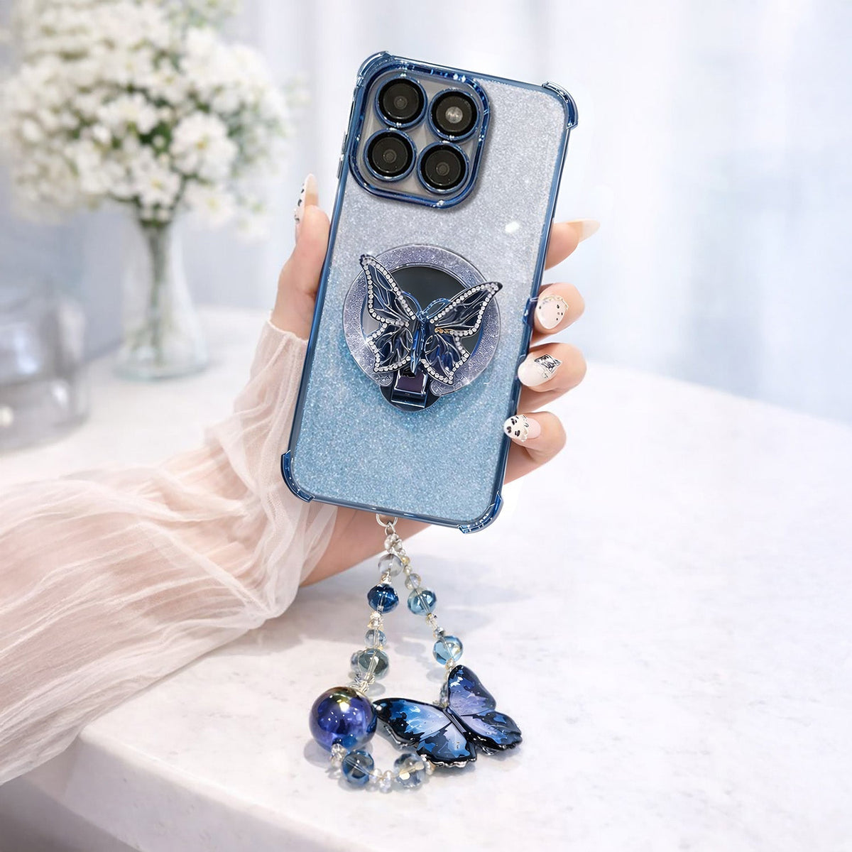 Motorola Edge 60 Pro 5G Shockproof Shimmer Butterfly Stand Case with Charm Strap