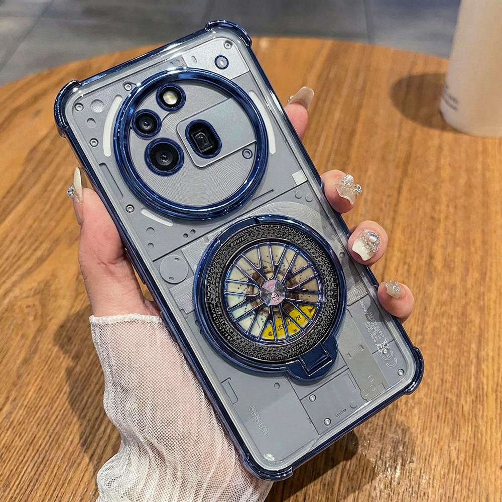 Clear phone case with blue accents held by a hand on a wooden surface