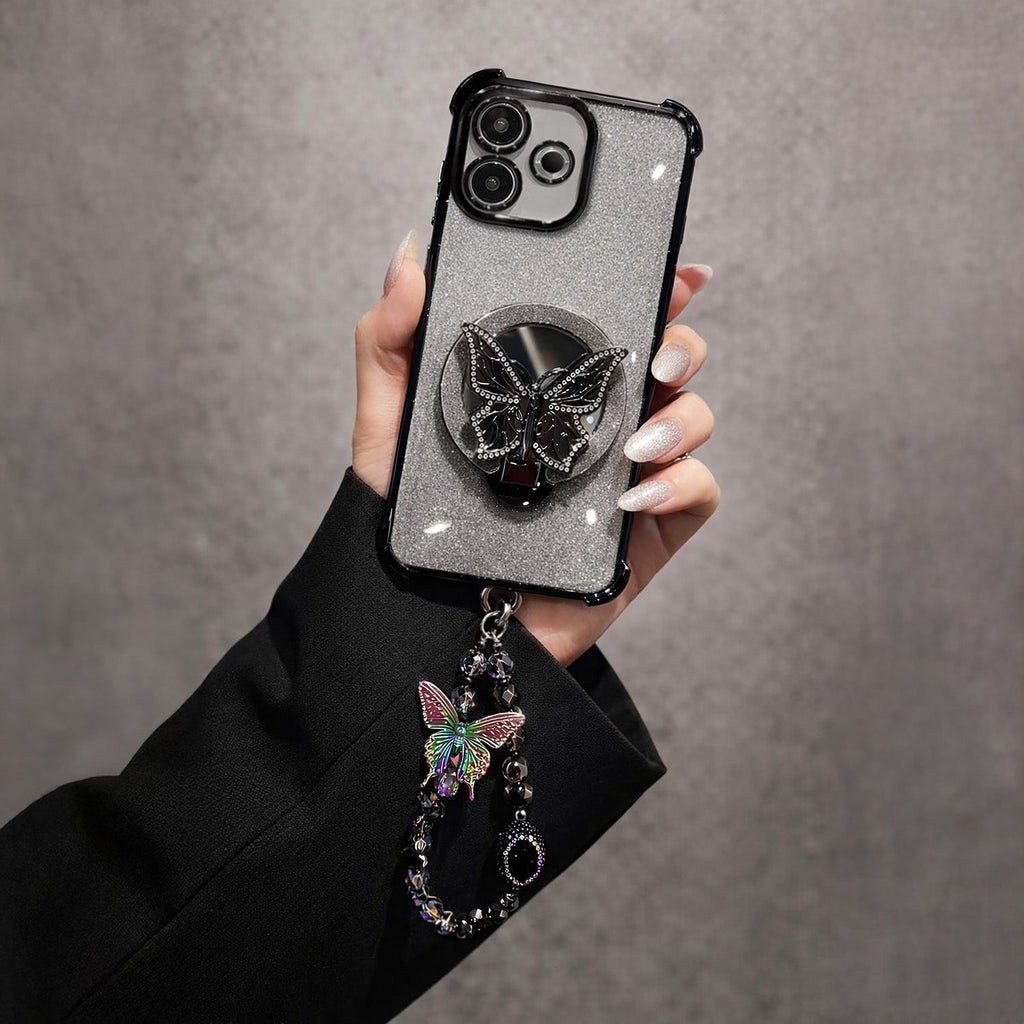 Oppo A5 Pro 5G Shockproof Shimmer Butterfly Stand Case with Charm Strap