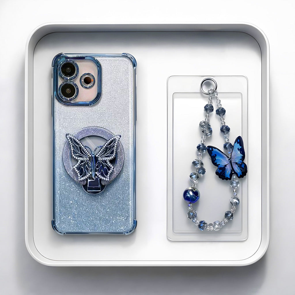 Oppo A5 Pro 5G Shockproof Shimmer Butterfly Stand Case with Charm Strap