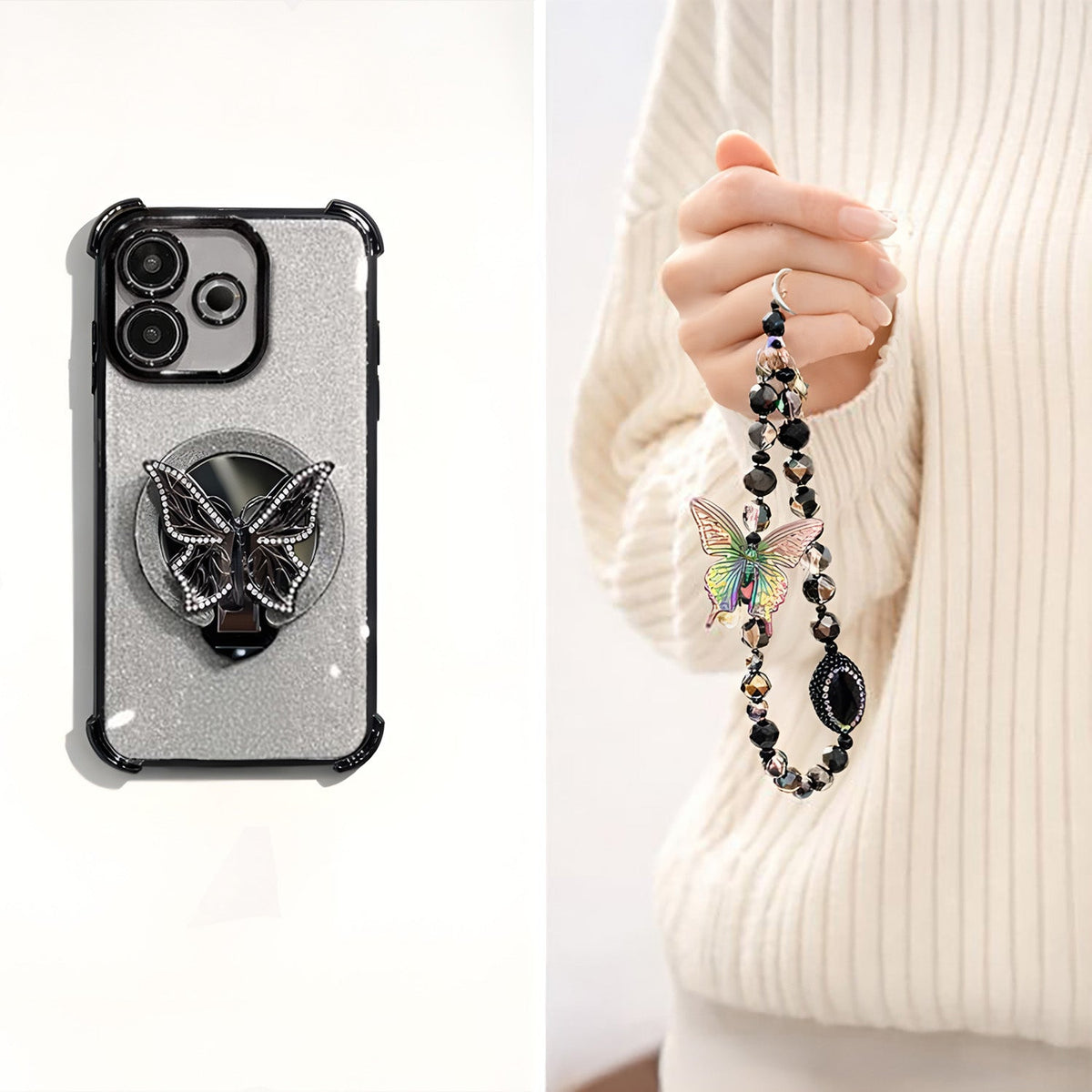 Oppo A5 Pro 5G Shockproof Shimmer Butterfly Stand Case with Charm Strap