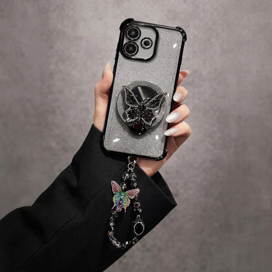 Oppo A5 Pro 5G Shockproof Shimmer Butterfly Stand Case with Charm Strap