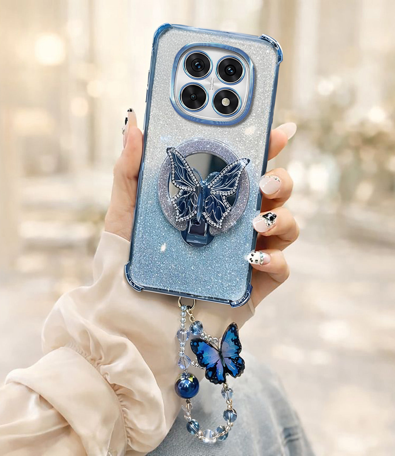 Oppo F29 Pro 5G Shockproof Shimmer Butterfly Stand Case with Charm Strap