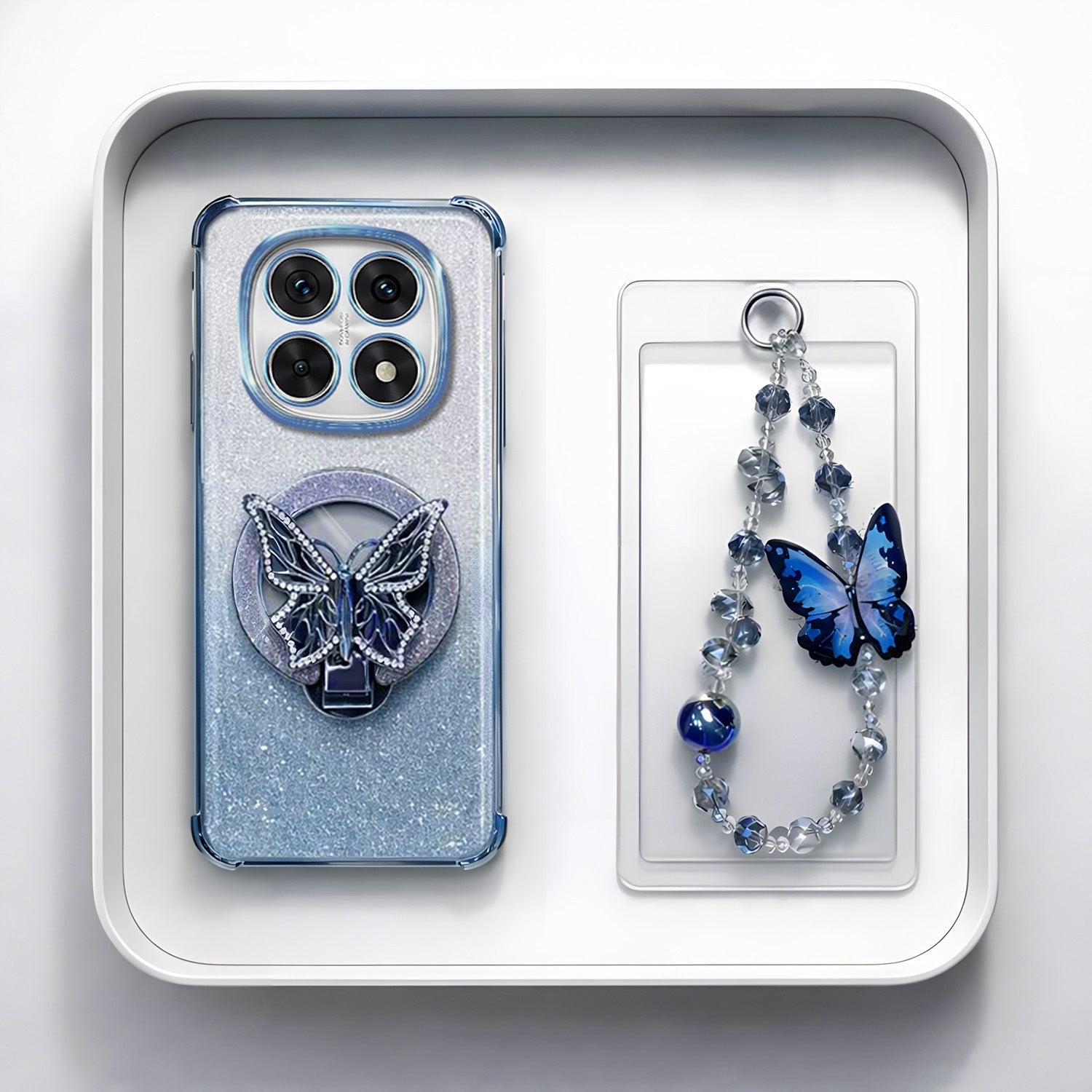 Oppo F29 Pro 5G Shockproof Shimmer Butterfly Stand Case with Charm Strap