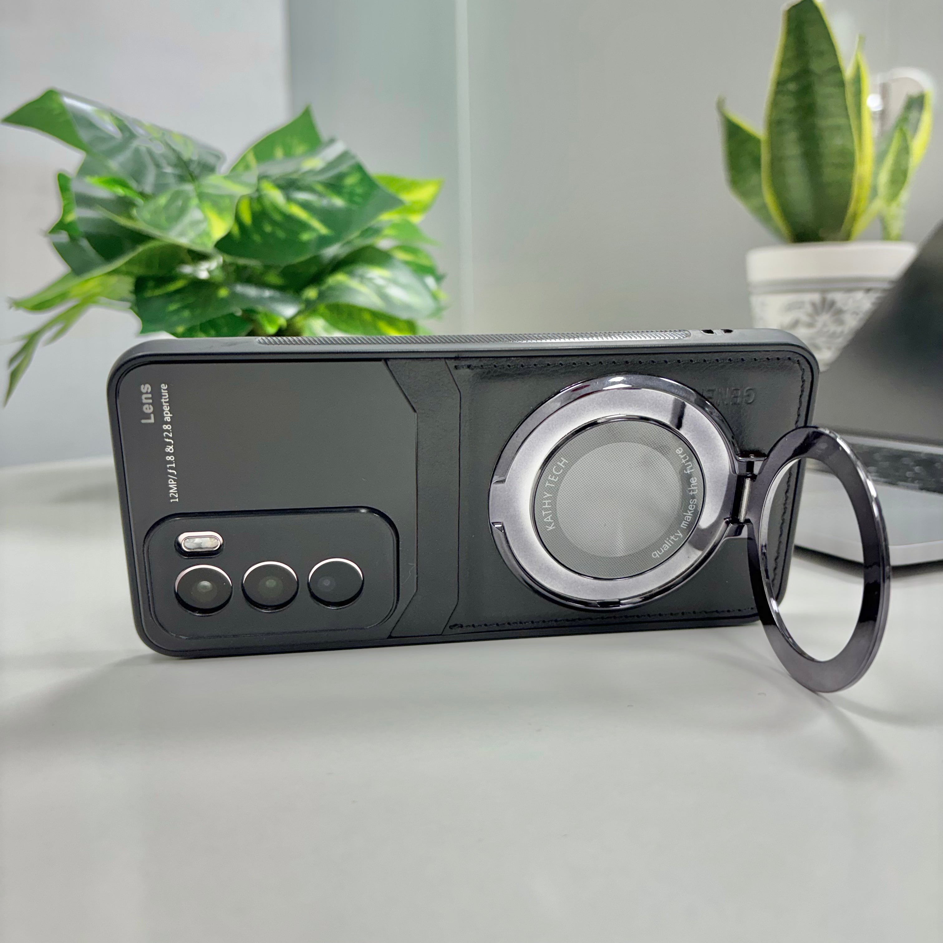 Oppo Reno12 Pro Original Luxury Leather Lens Magnifier Ring Stand Case