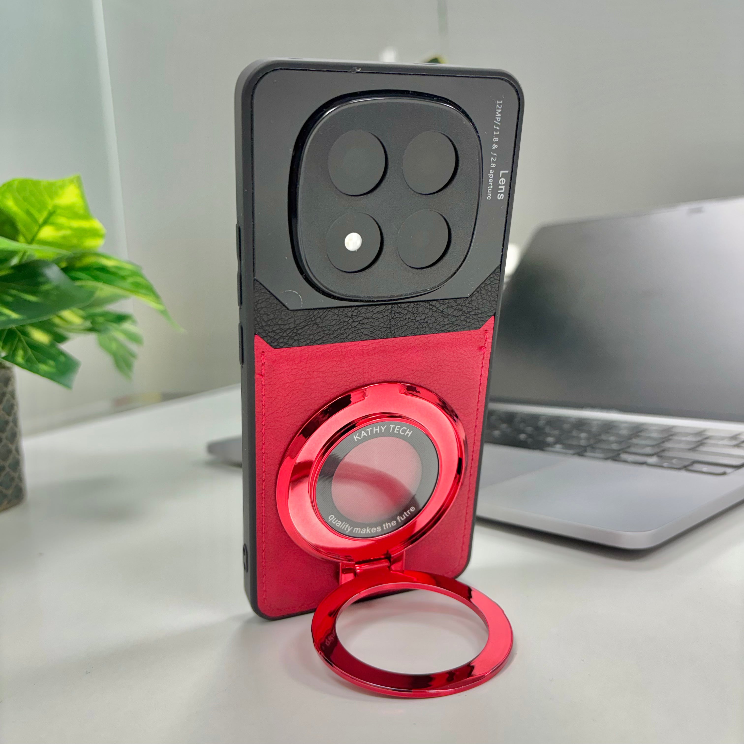 Redmi Note 14 Pro 5G Original Luxury Leather Lens Magnifier Ring Stand Case