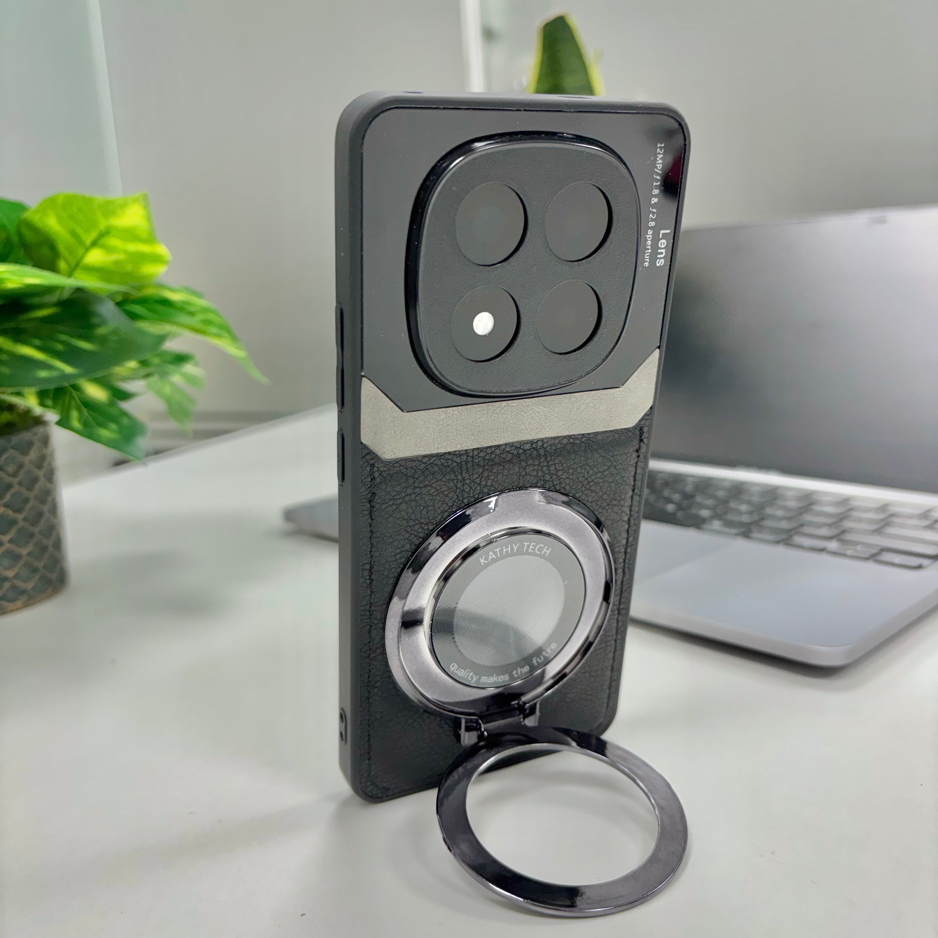 Redmi Note 14 Pro 5G Original Luxury Leather Lens Magnifier Ring Stand Case
