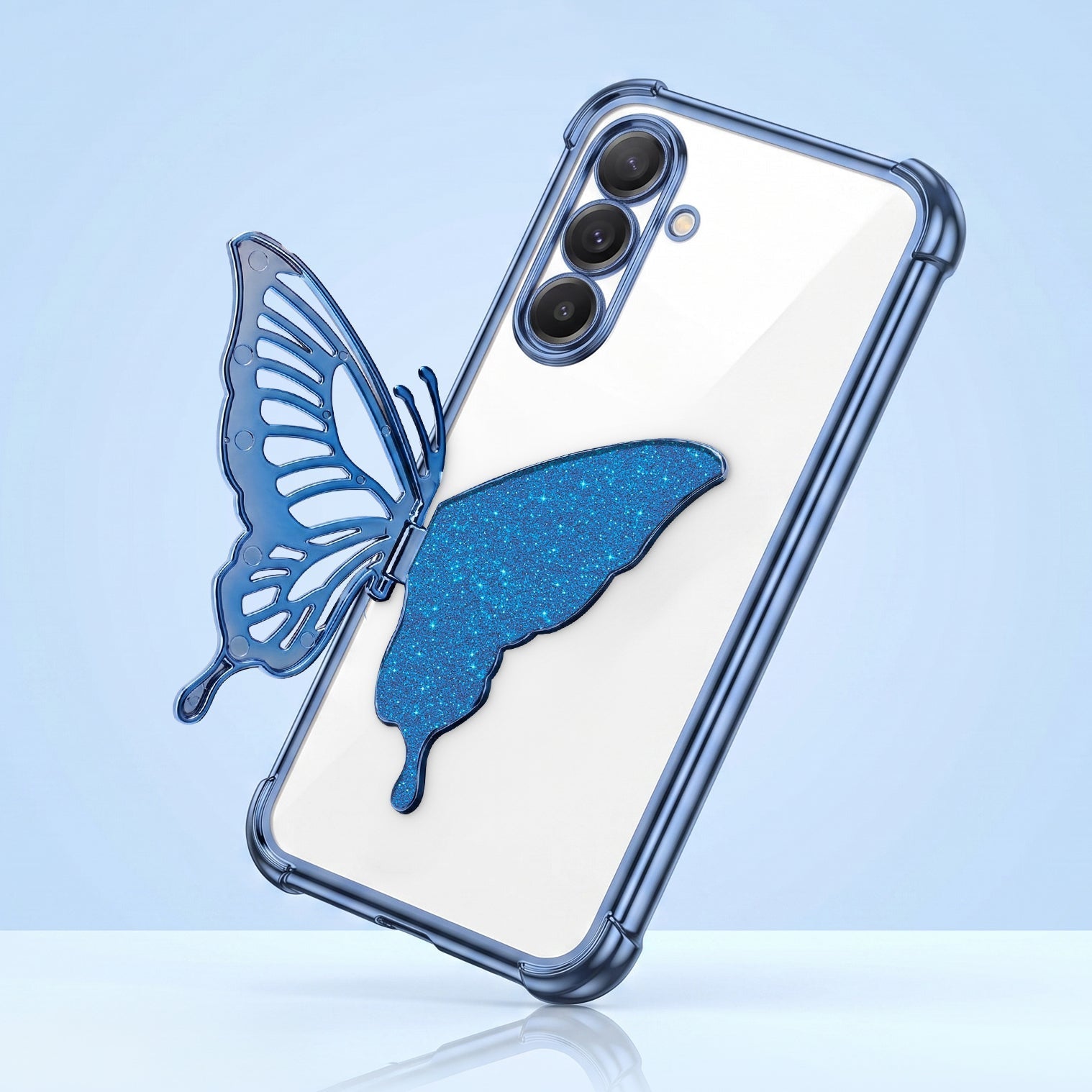 Samsung Galaxy A16 5G Premium Butterfly Glitter Stand Transparent Shockproof Airbag Phone Case