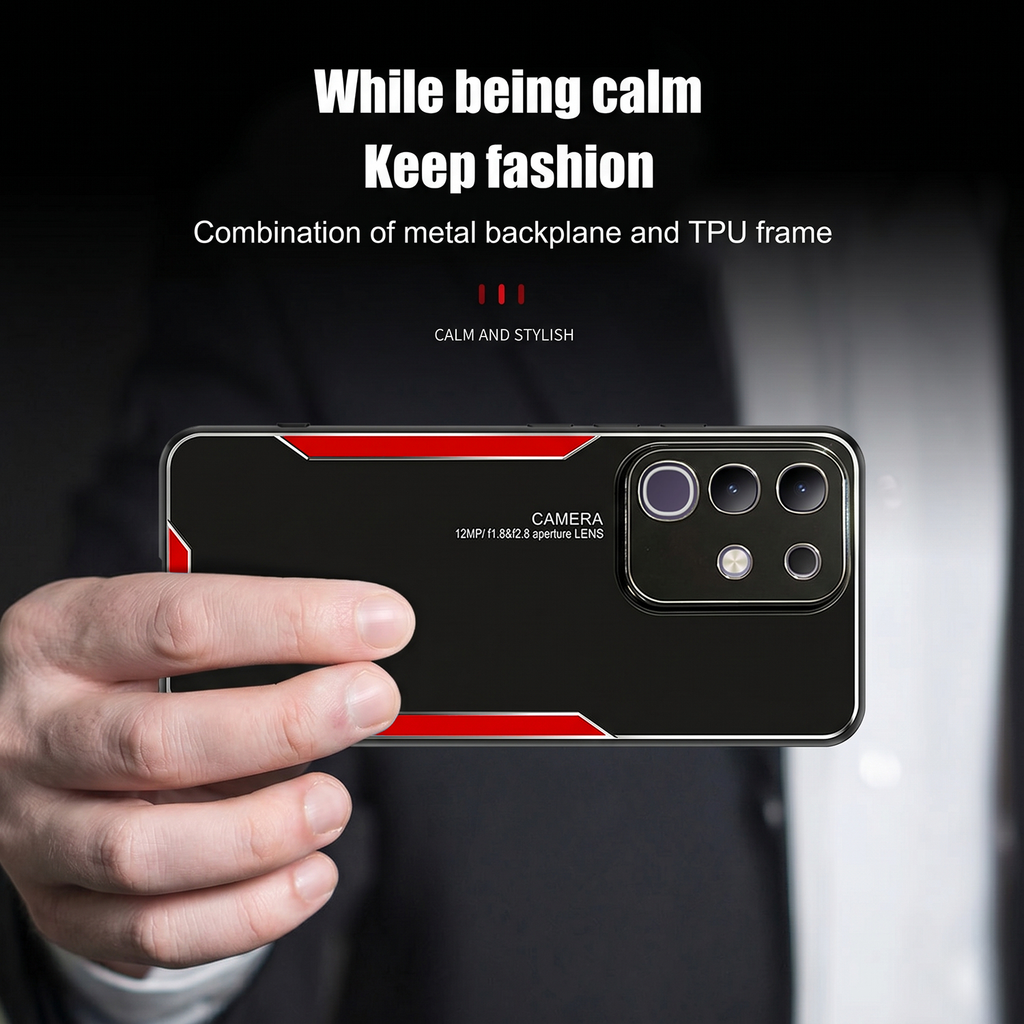 Premium black-red shockproof phone case with metal back and camera protection.