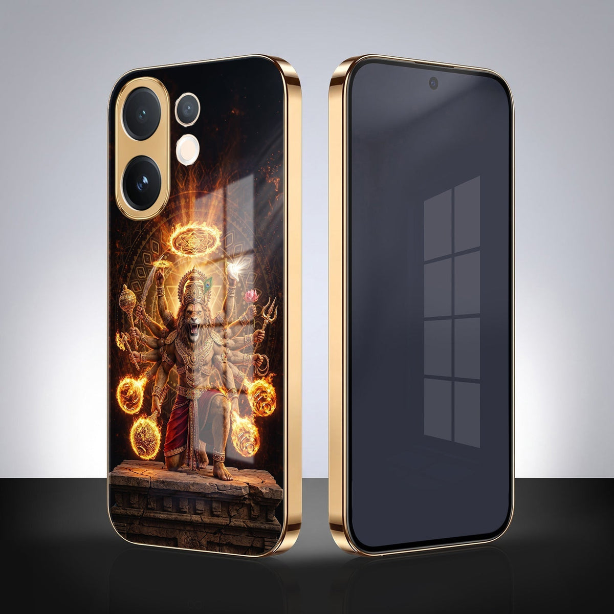 Vivo V60e 5G Lord Narasimha Gold Electroplated Glass Phone Back Case