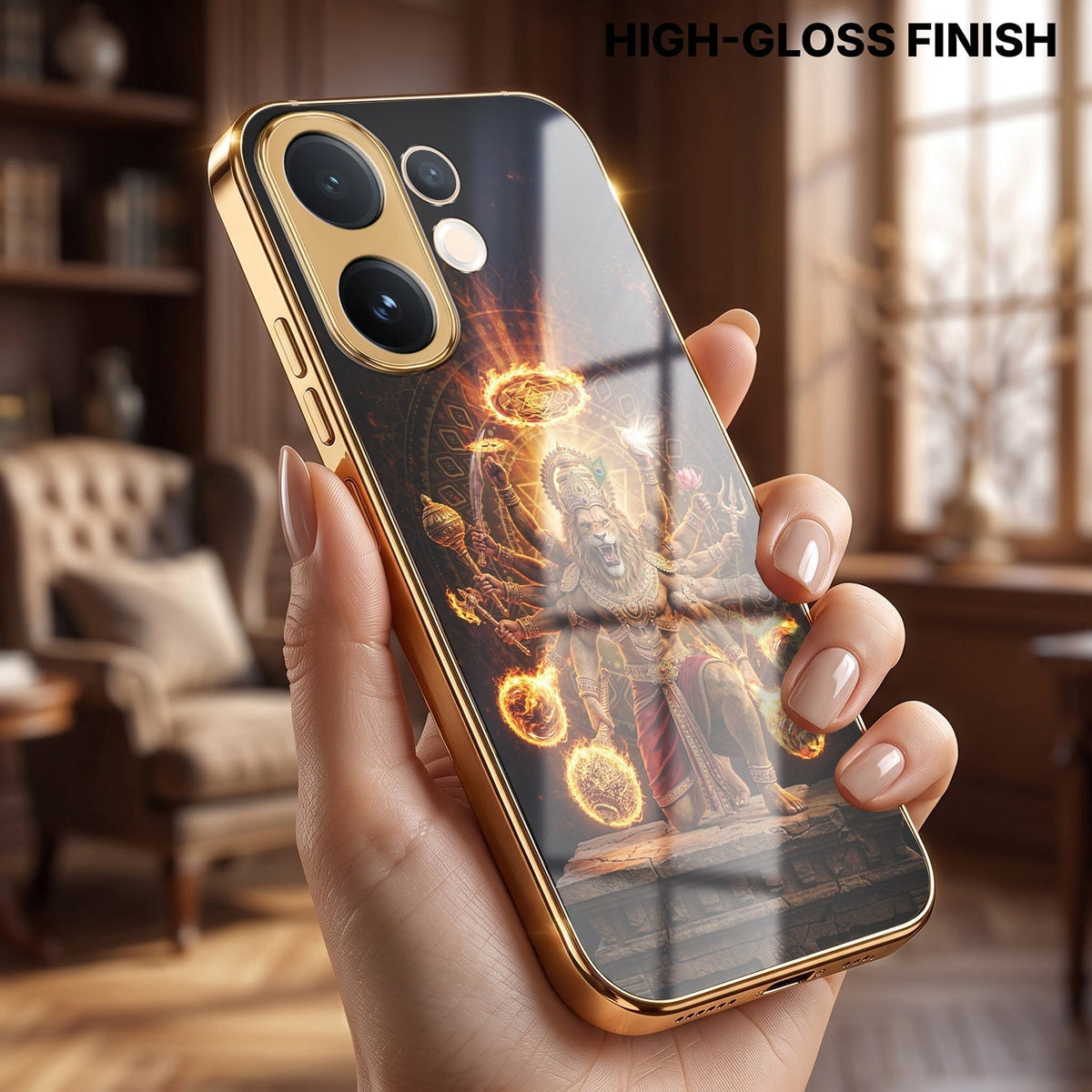 Vivo V60e 5G Lord Narasimha Gold Electroplated Glass Phone Back Case