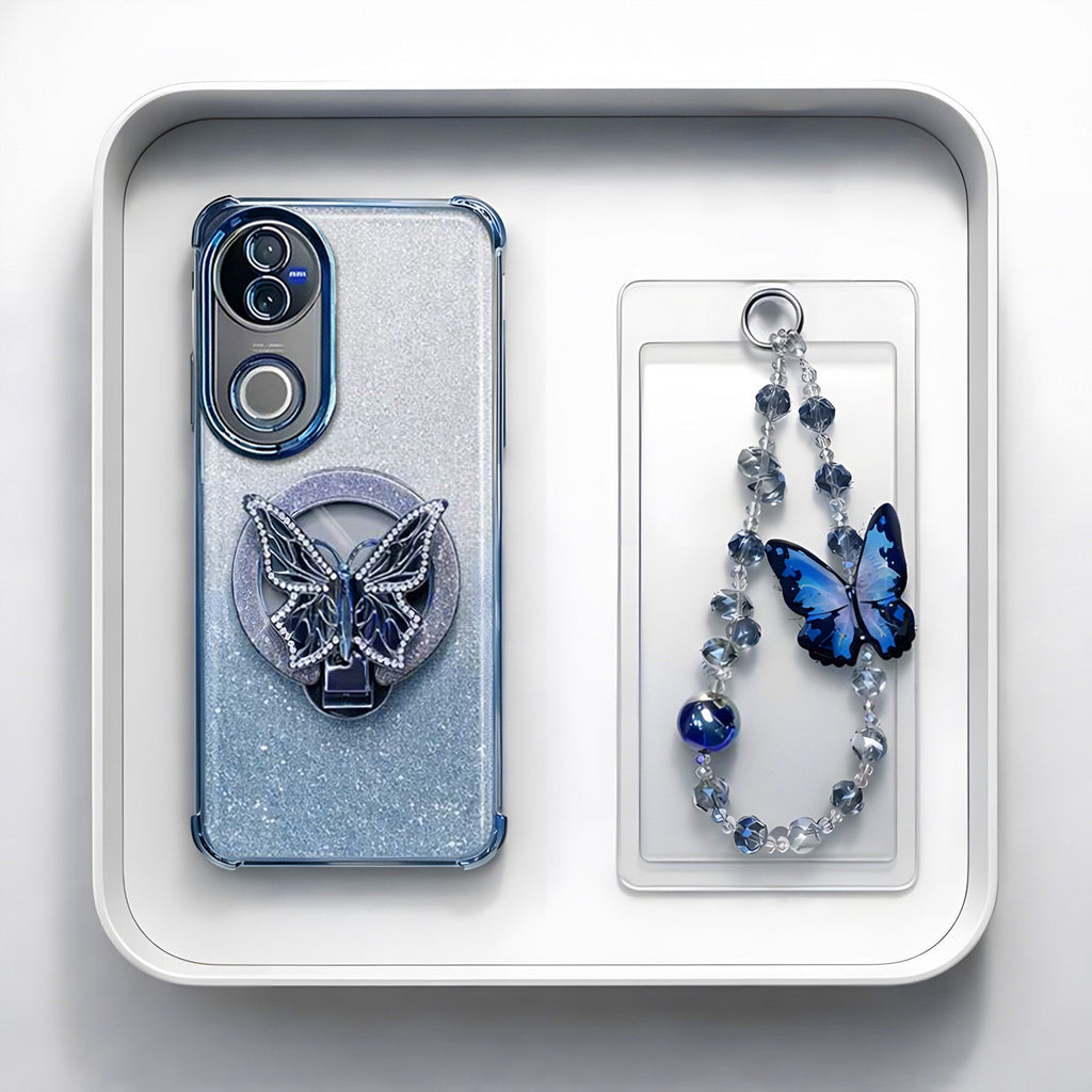 Vivo V50 5G Shockproof Shimmer Butterfly Stand Case with Charm Strap