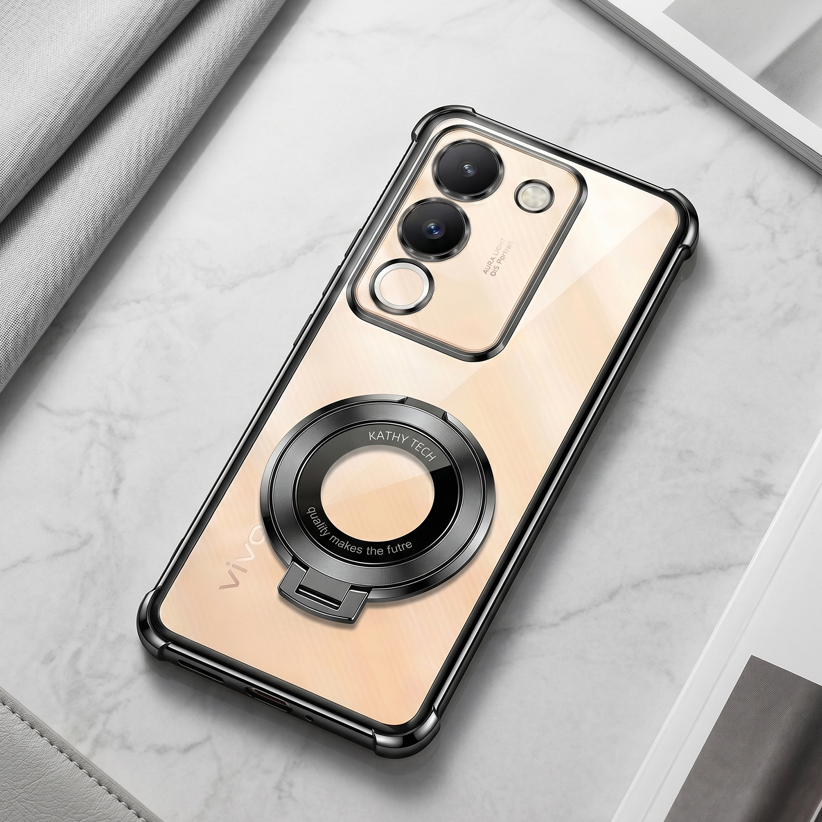 Vivo Y200 5G Original Luxury Magnifier Ring Stand Shockproof Airbags Corner Case