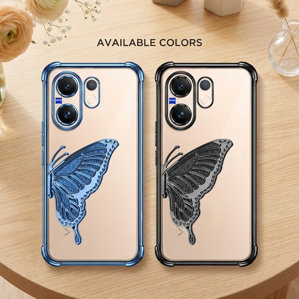 Vivo V60 5G Premium Butterfly Glitter Stand Transparent Shockproof Airbag Phone Case