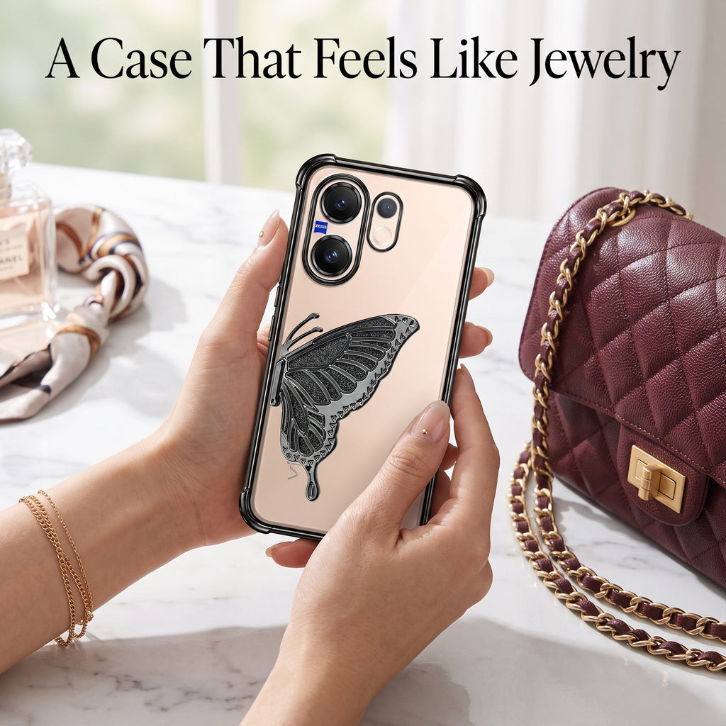 Vivo V60 5G Premium Butterfly Glitter Stand Transparent Shockproof Airbag Phone Case