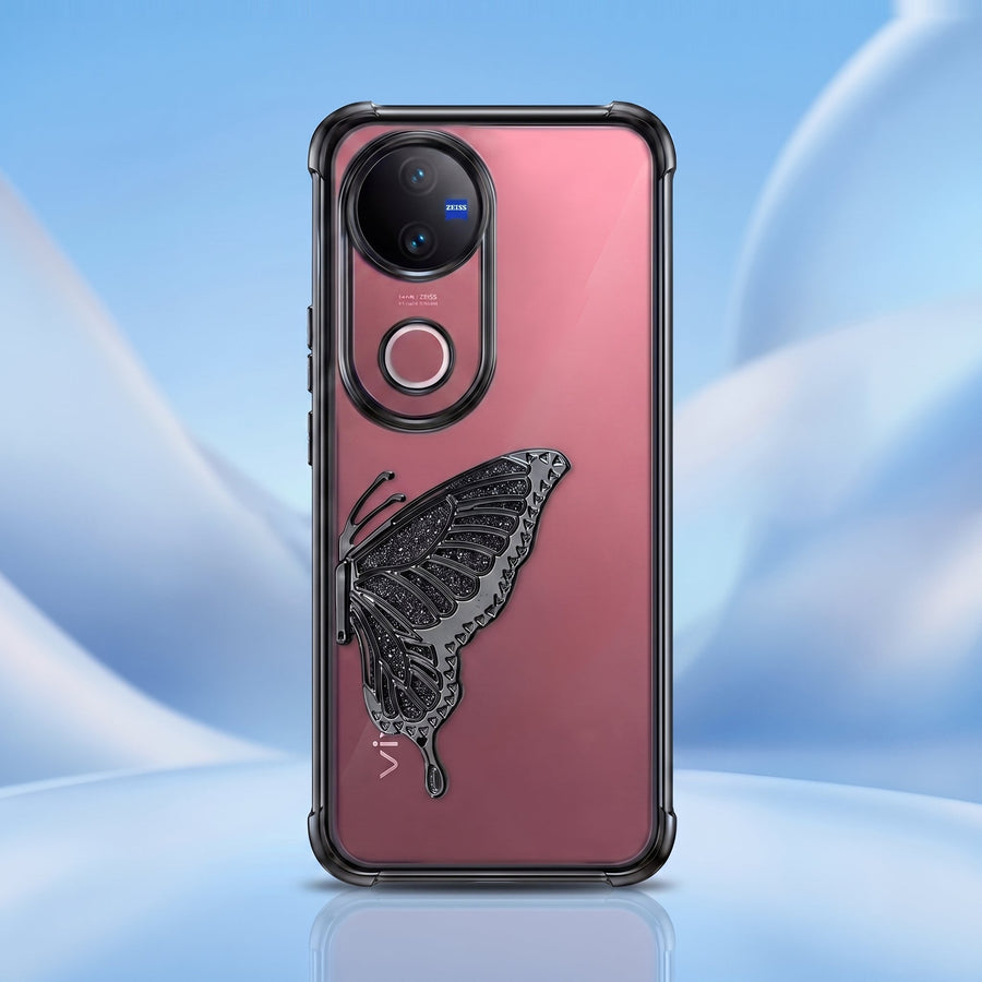 Vivo V50 5G Premium Butterfly Glitter Stand Transparent Shockproof Airbag Phone Case